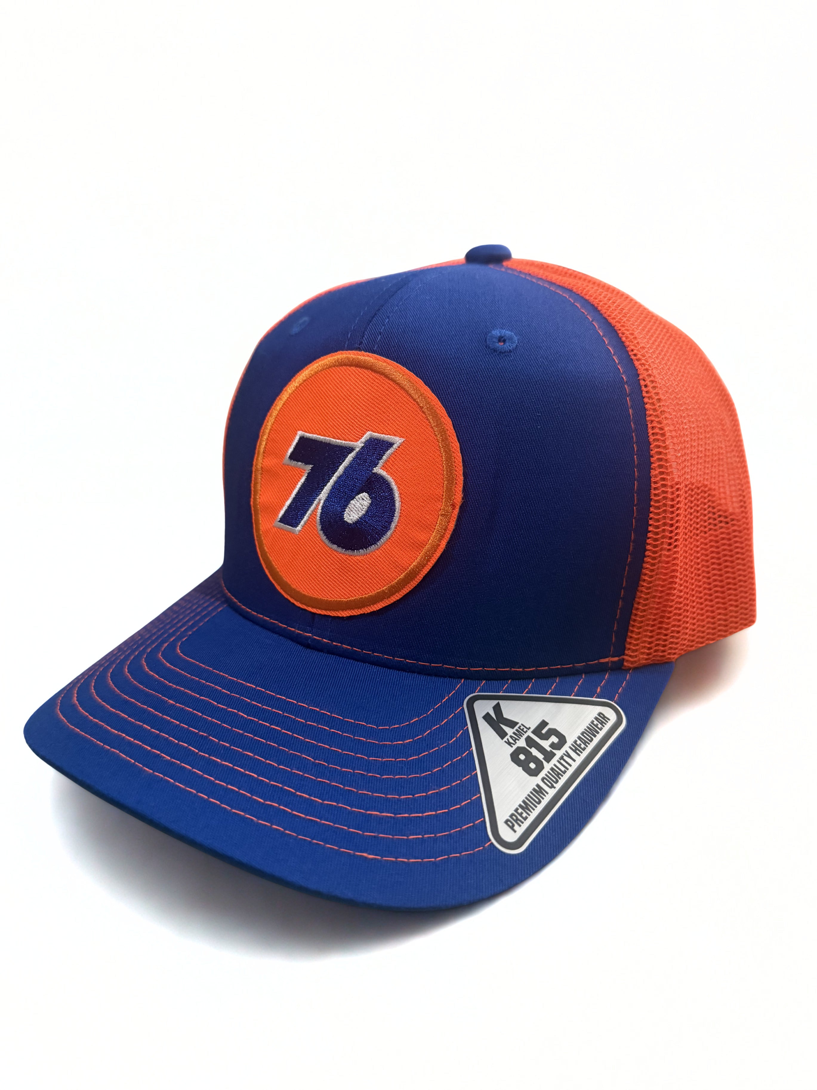76 Oil Embroidered Logo Premium Snapback Hat Adjustable Orange and Blue Mesh Cap