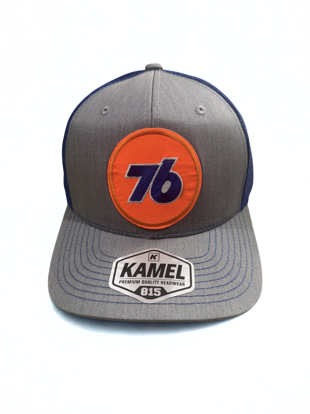 76 Oil Embroidered Logo Premium Snapback Hat Adjustable Gray Orange and Navy Mesh Cap