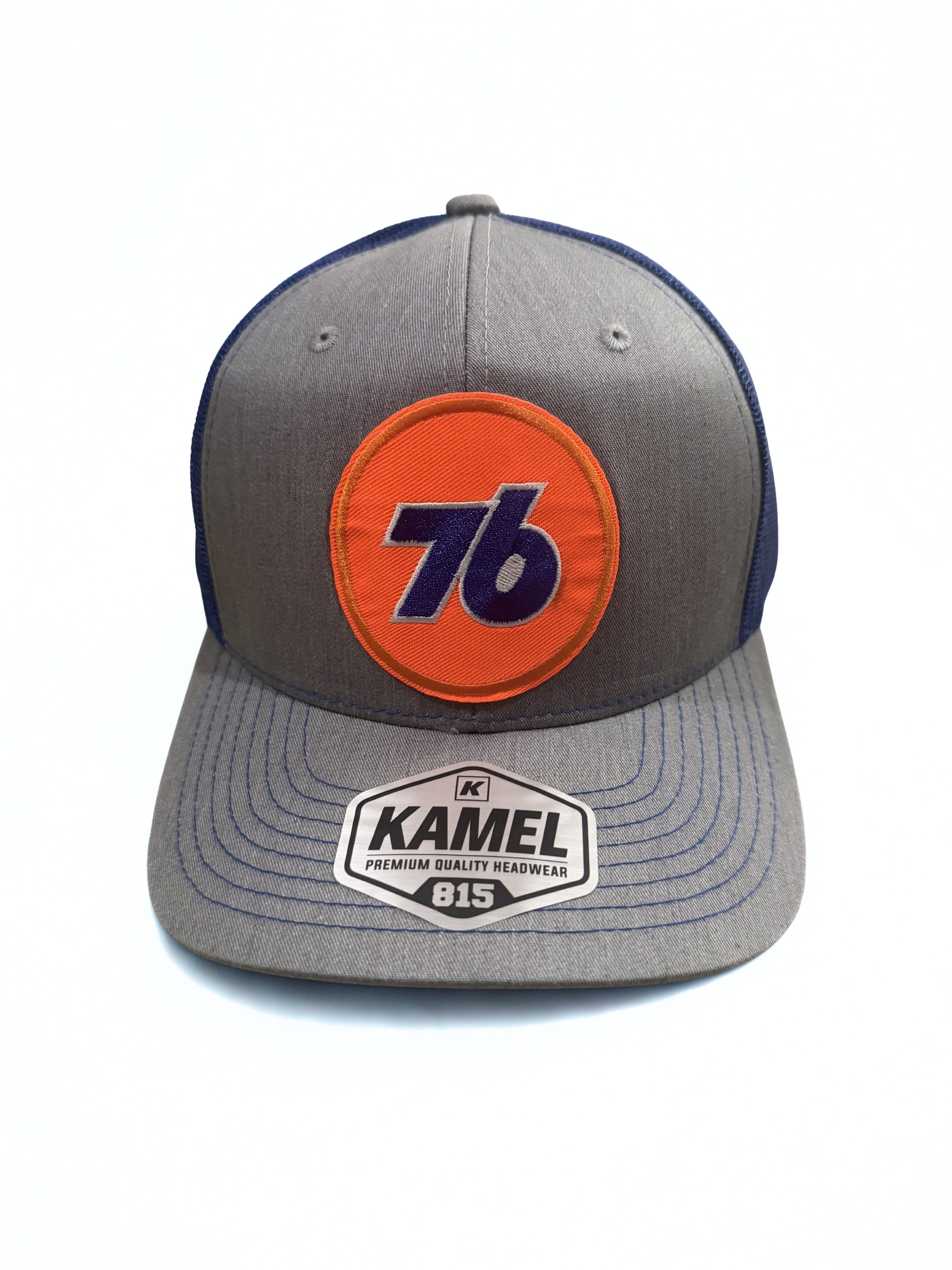 76 Oil Embroidered Logo Premium Snapback Hat Adjustable Gray Orange and Navy Mesh Cap