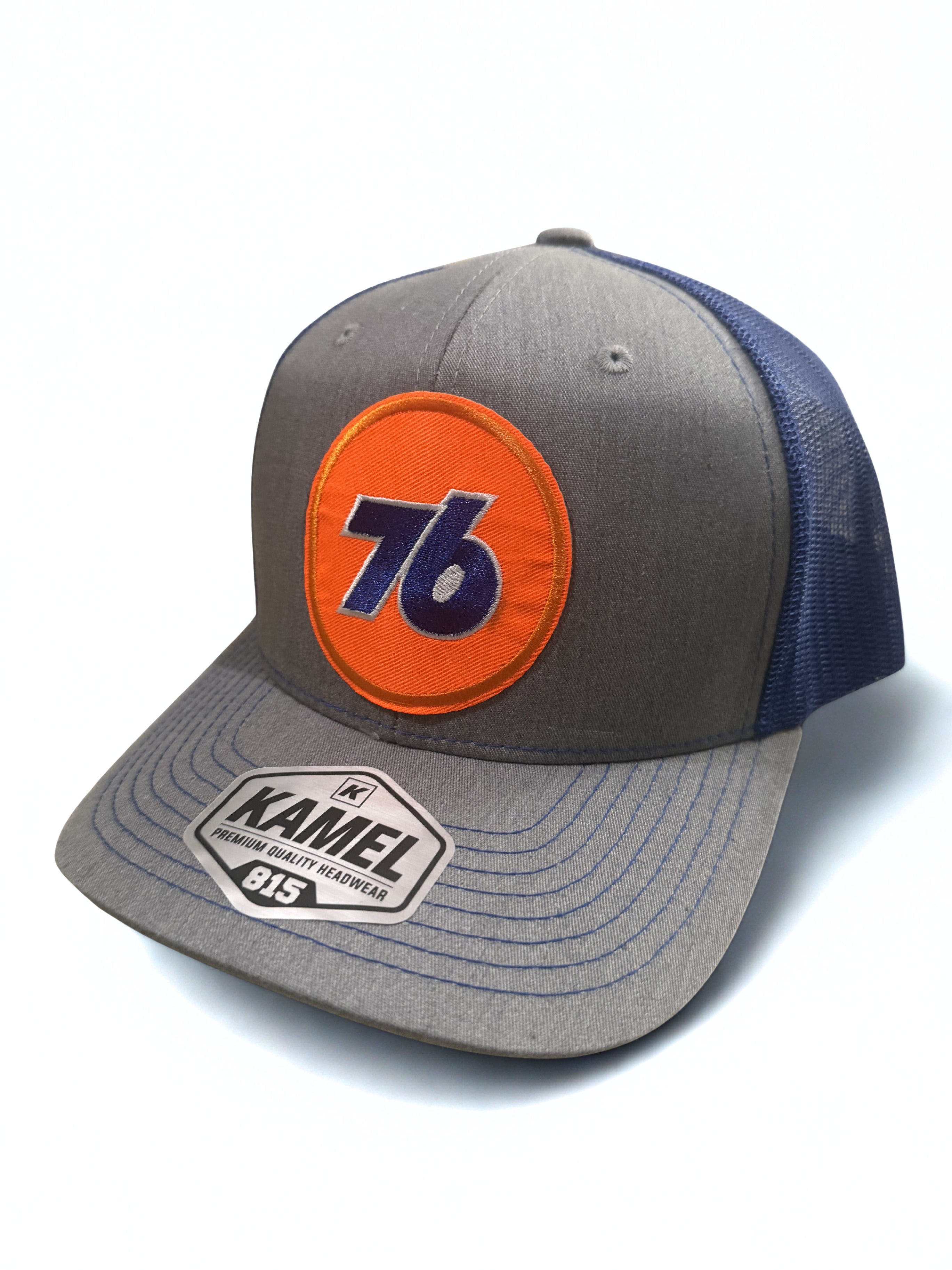 76 Oil Embroidered Logo Premium Snapback Hat Adjustable Gray Orange and Navy Mesh Cap