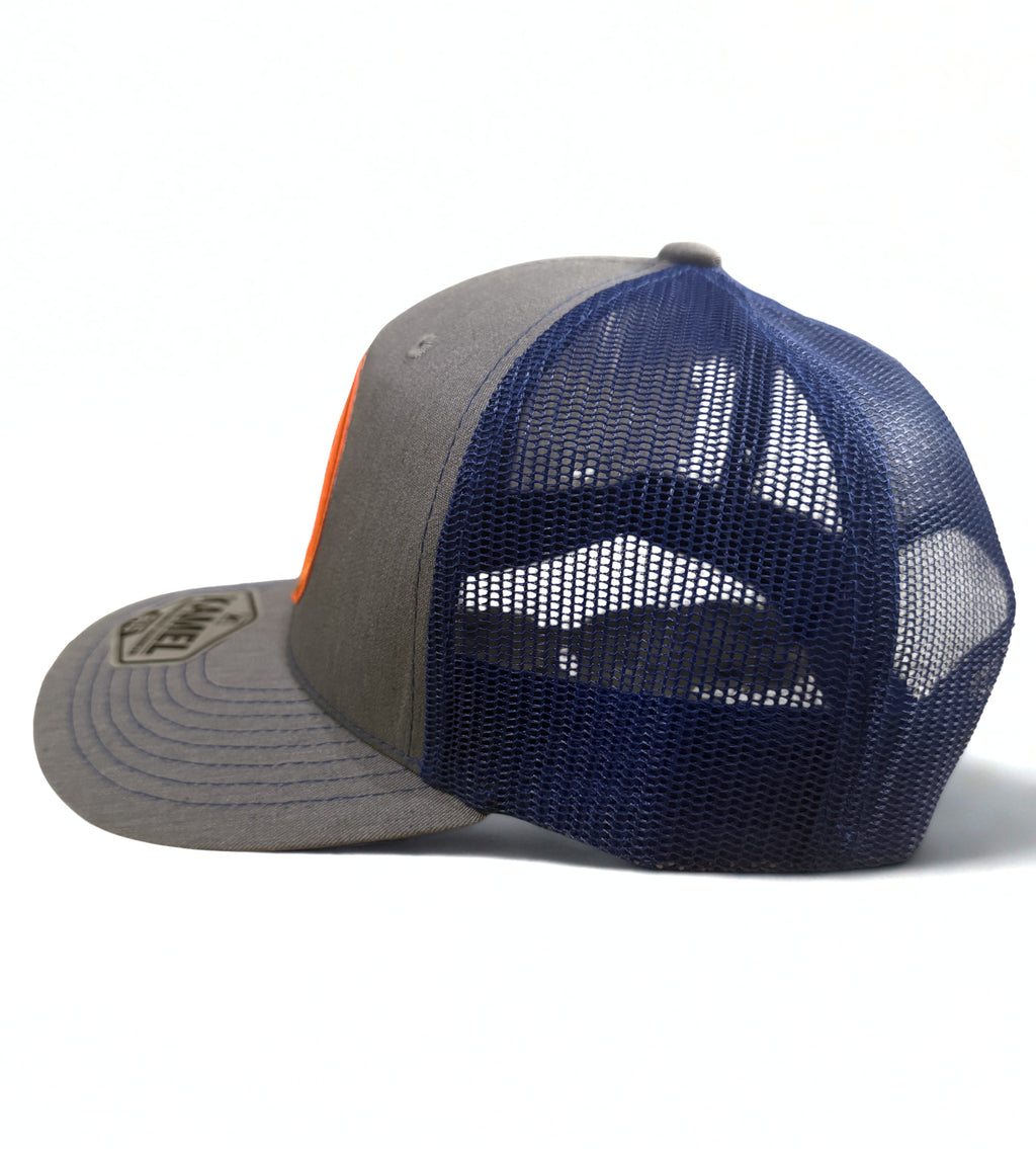 76 Oil Embroidered Logo Premium Snapback Hat Adjustable Gray Orange and Navy Mesh Cap