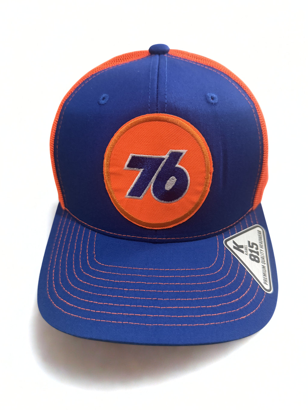76 Oil Embroidered Logo Premium Snapback Hat Adjustable Orange and Blue Mesh Cap