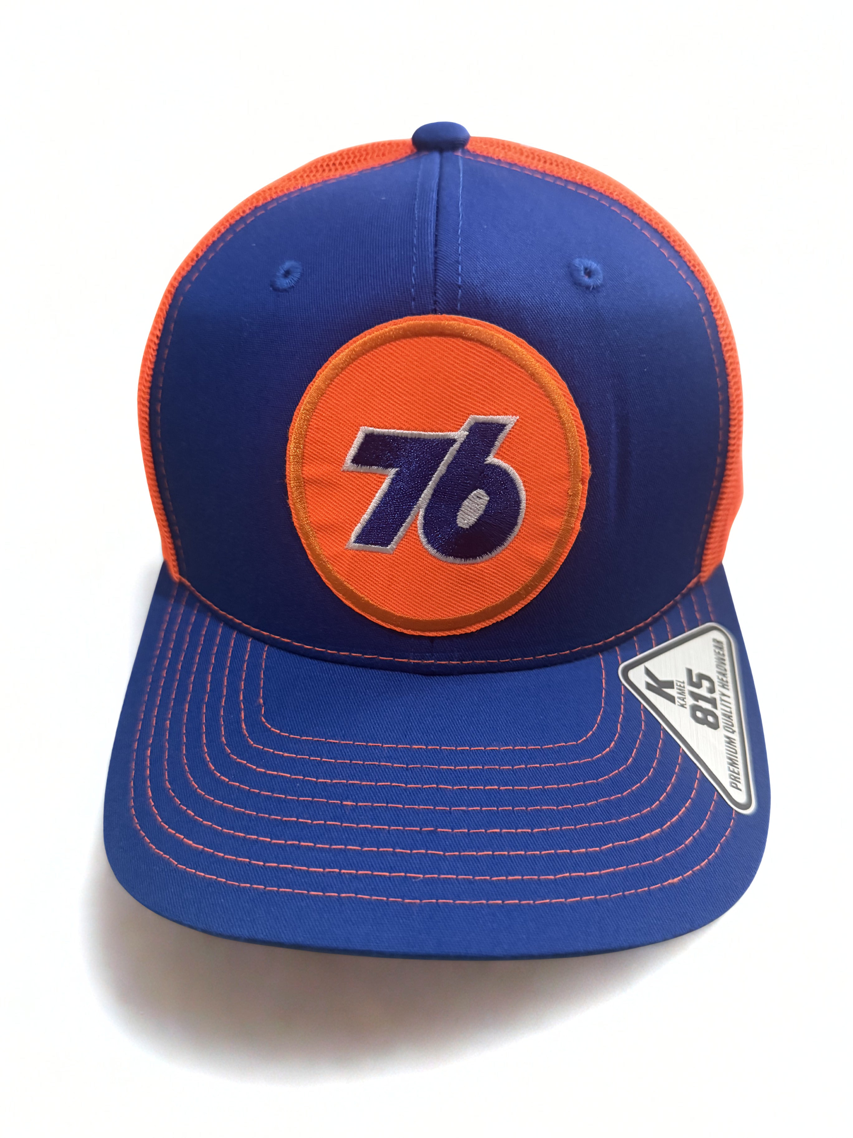 76 Oil Embroidered Logo Premium Snapback Hat Adjustable Orange and Blue Mesh Cap