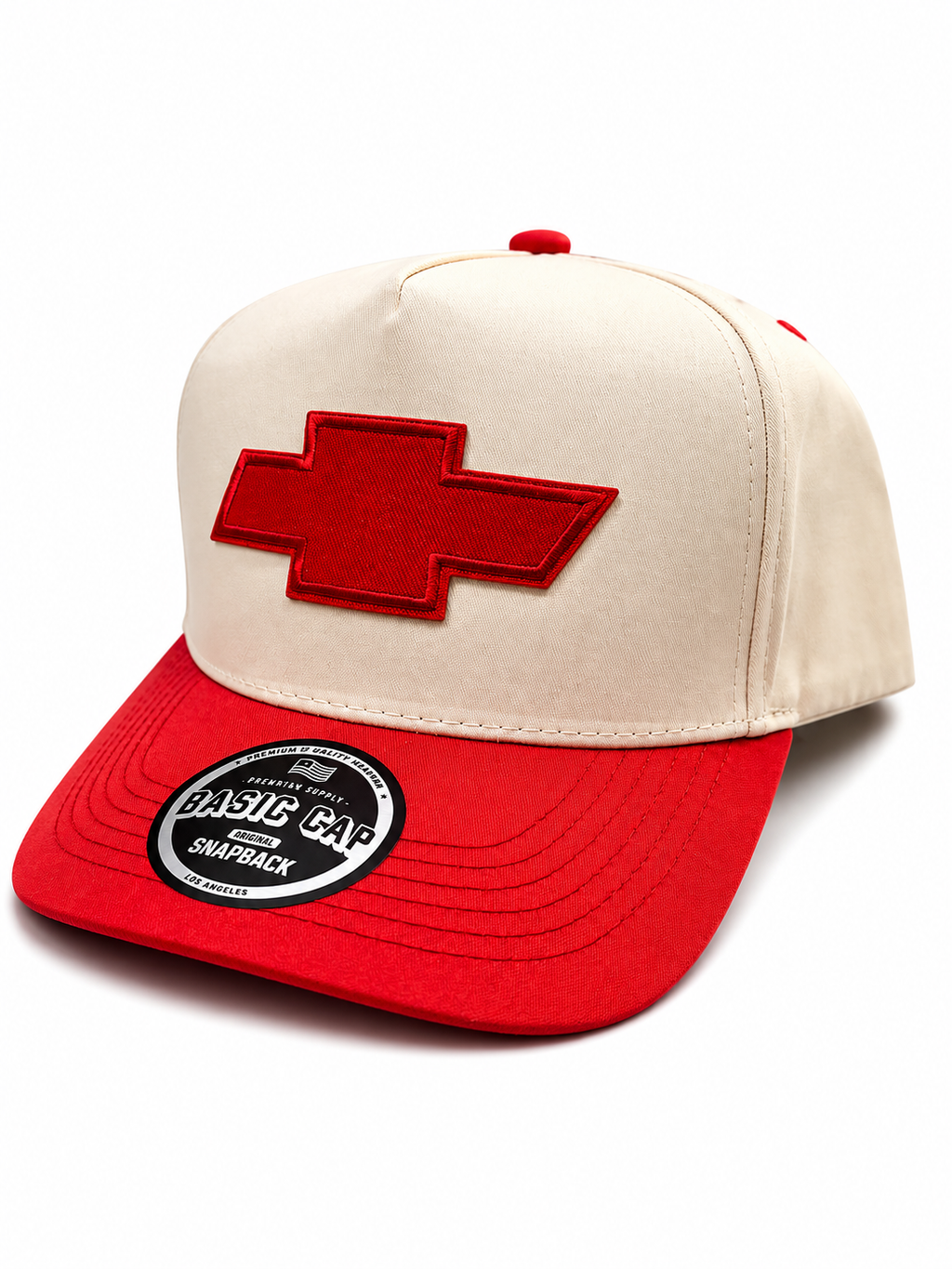 Chevrolet Big Embroidered Logo Premium Twill Snapback Hat Red and Beige Adjustable Cap