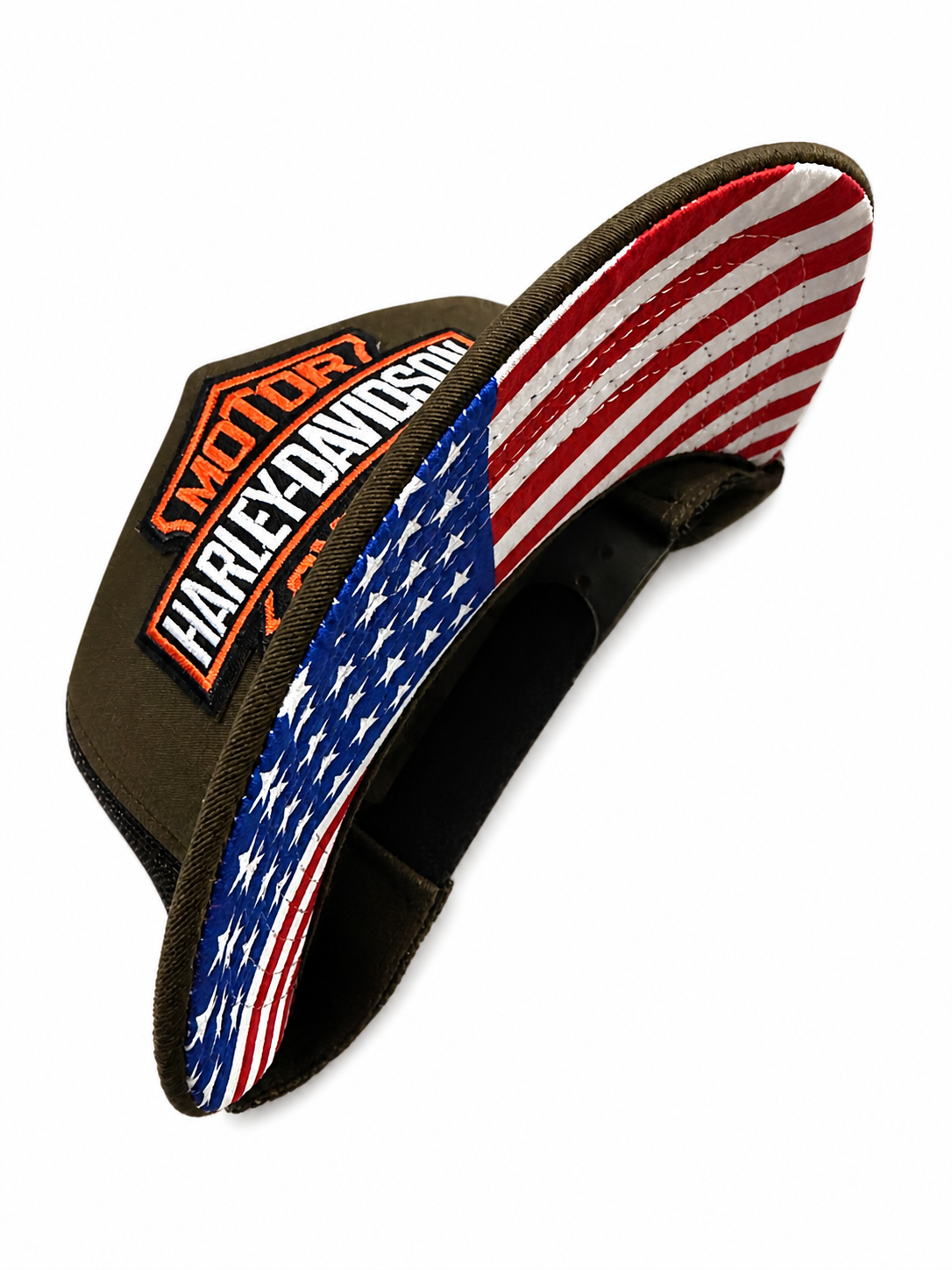 Harley Davidson American Flag Embroidered Logo Trucker Hat Olive Black Mesh Snapback Adjustable Cap