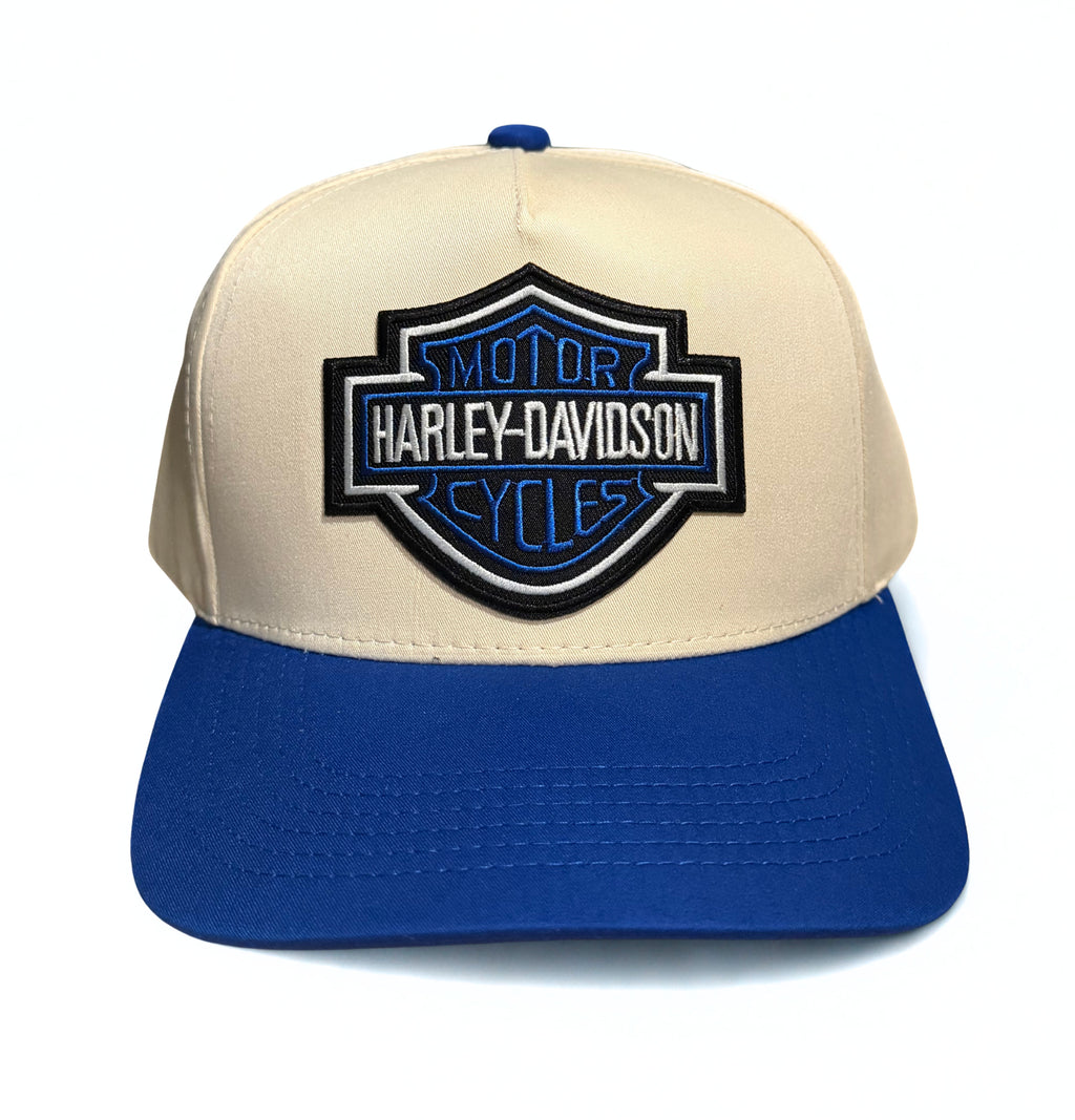 Harley Davidson Blue Embroidered Logo Snapback Hat Cream and Blue Brim Adjustable Twill Cap