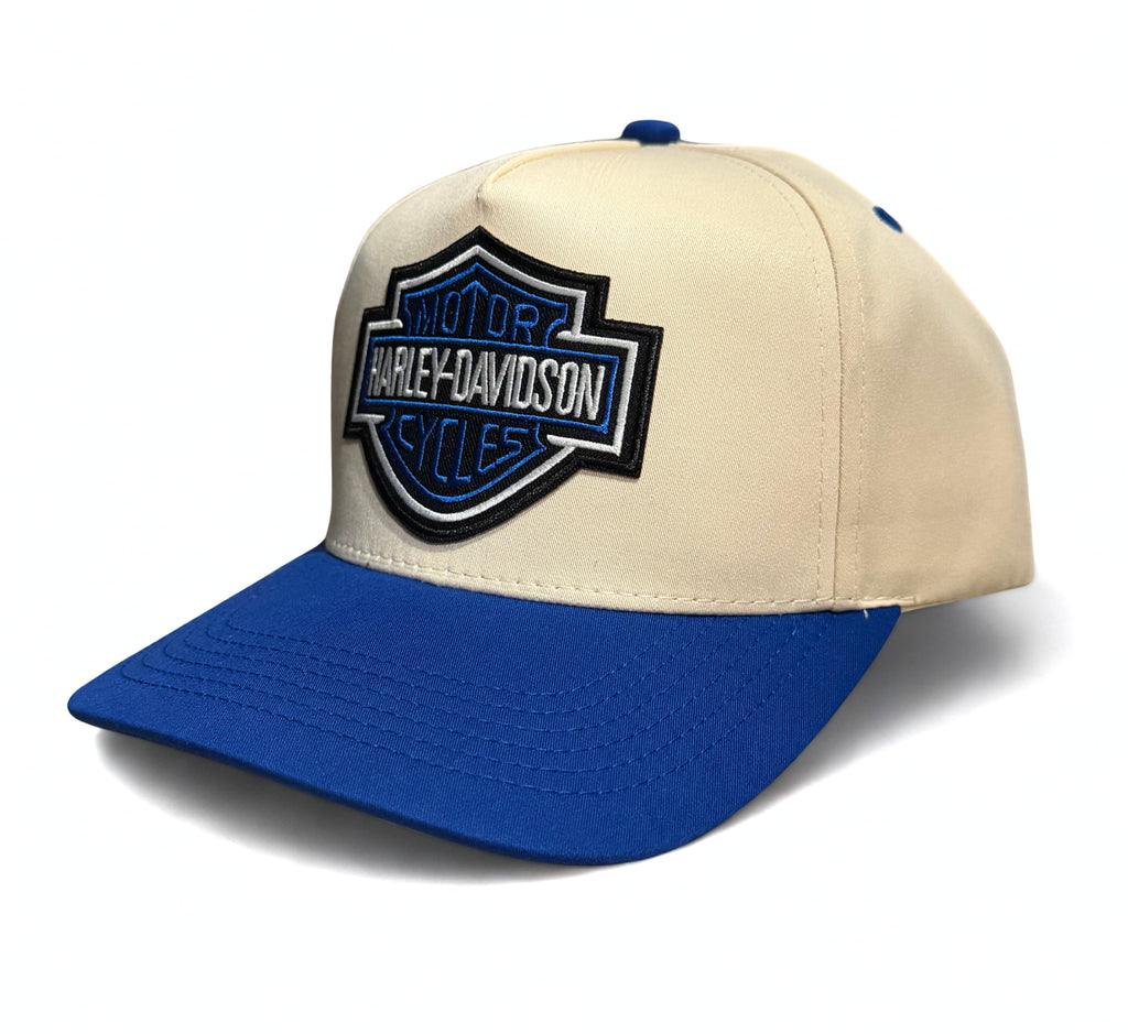 Harley Davidson Blue Embroidered Logo Snapback Hat Cream and Blue Brim Adjustable Twill Cap