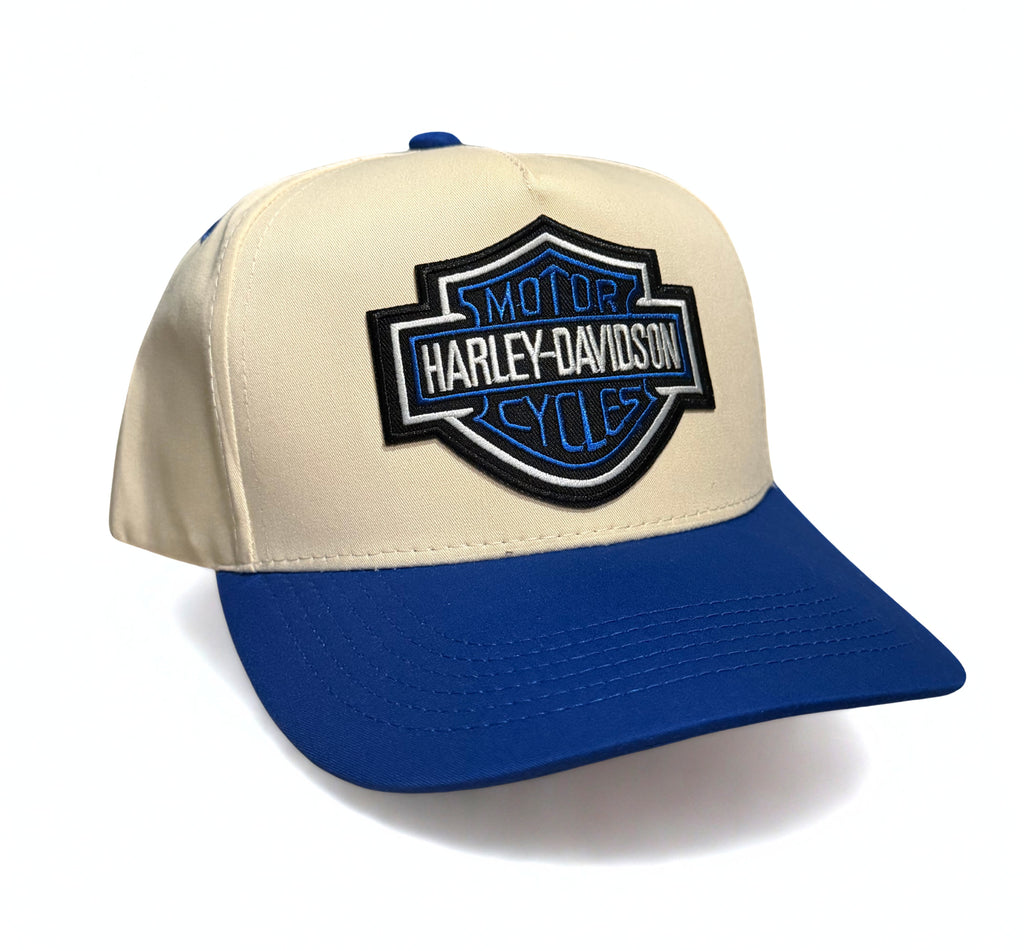 Harley Davidson Blue Embroidered Logo Snapback Hat Cream and Blue Brim Adjustable Twill Cap