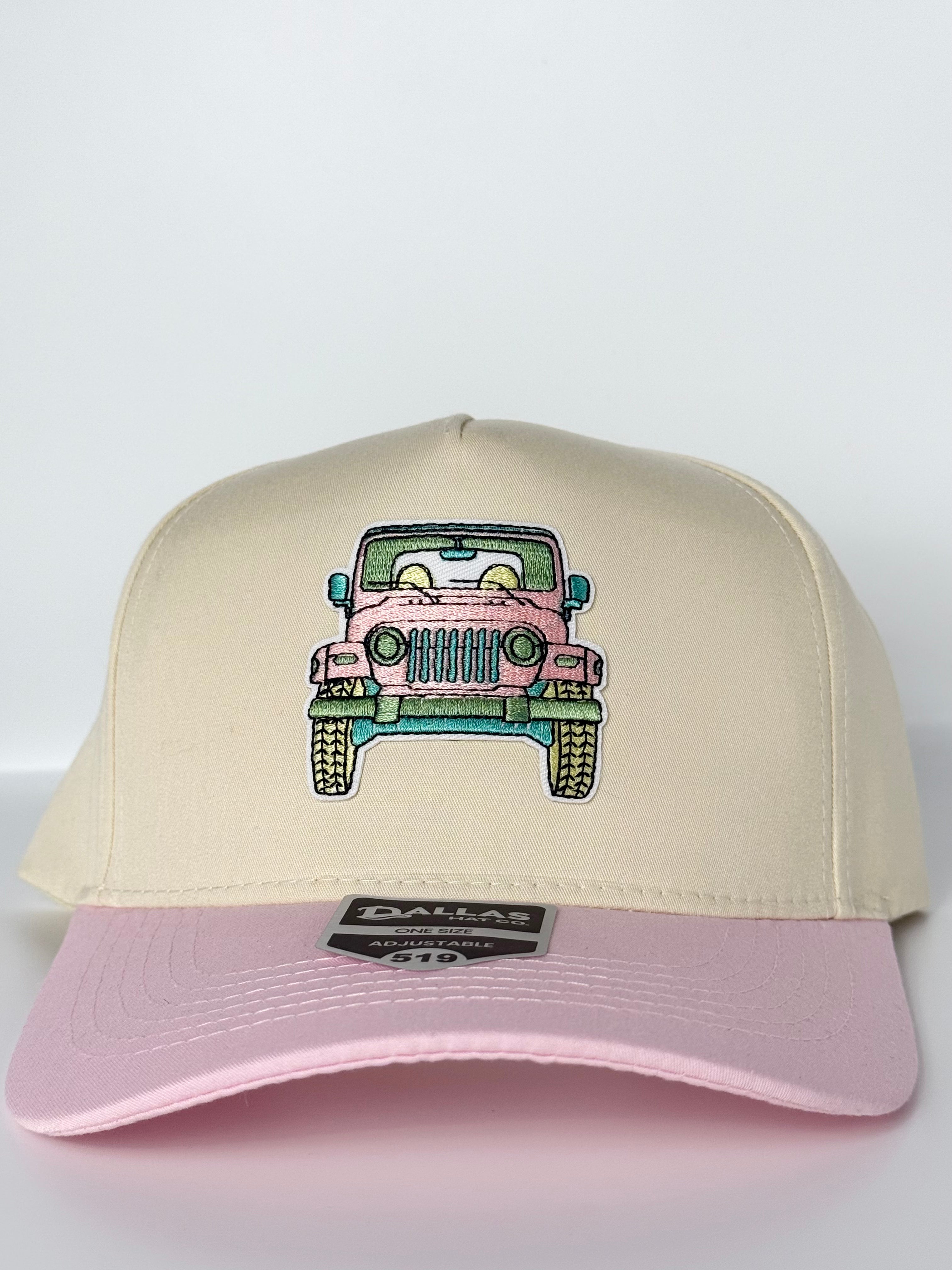 Jeep Truck Trucker Twill Snapback Cap Beige/Pink