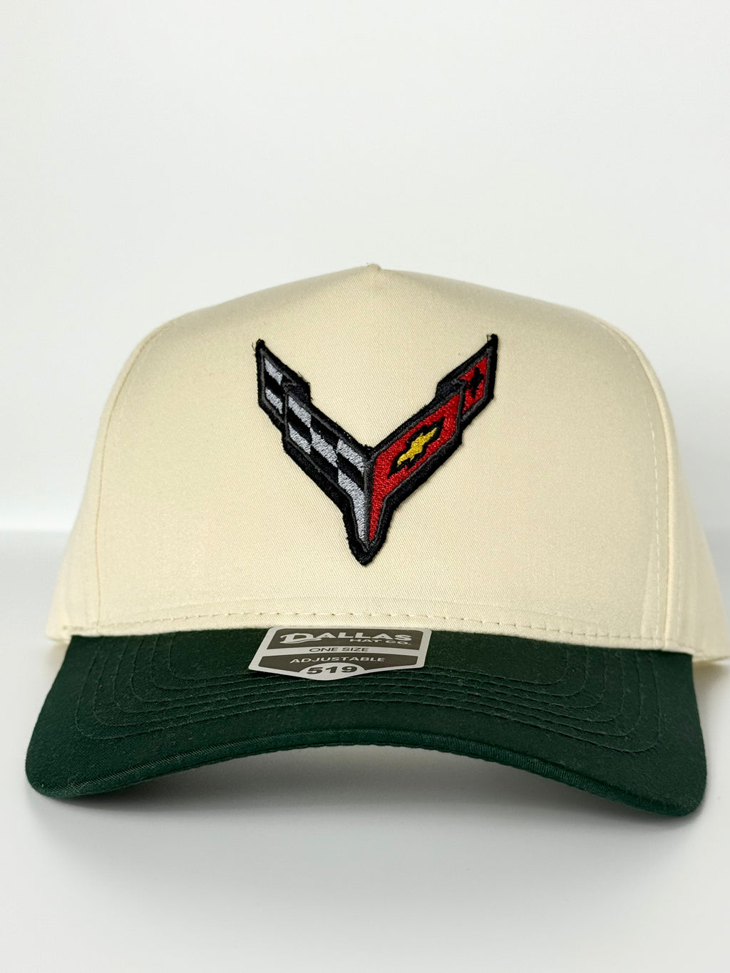 C8 Corvette Trucker Twill Snapback Cap Beige/ Dark Hunter Green