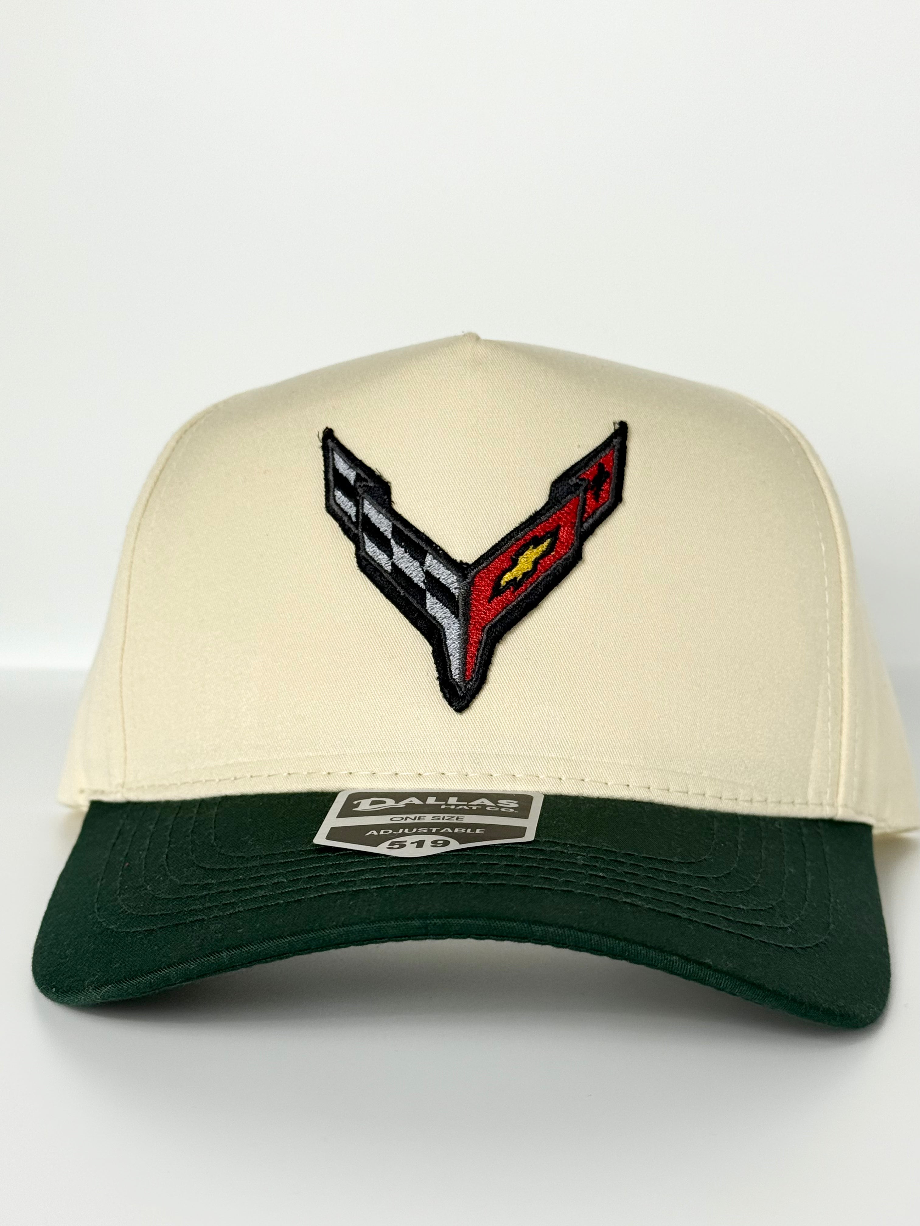 C8 Corvette Trucker Twill Snapback Cap Beige/ Dark Hunter Green