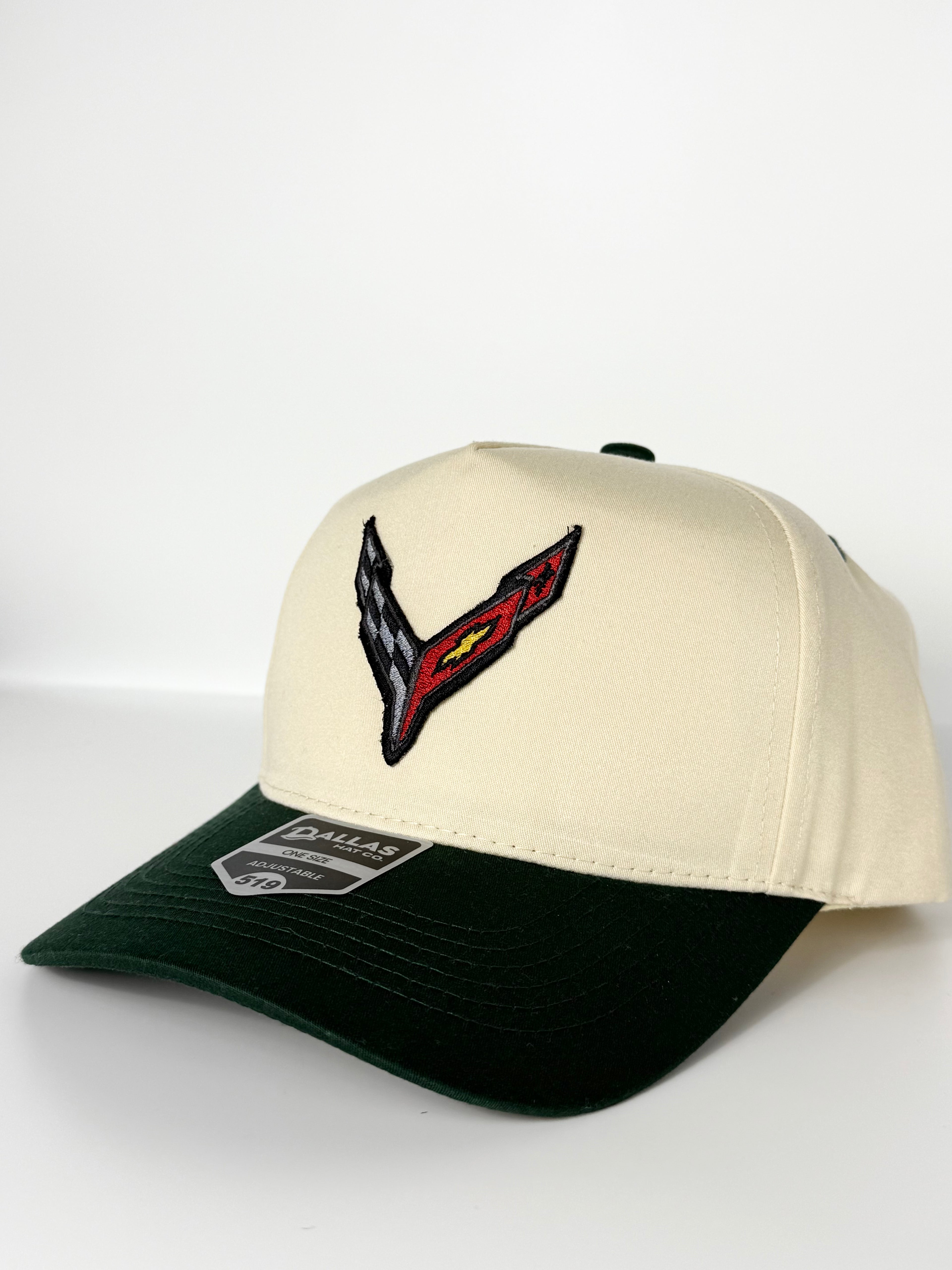 C8 Corvette Trucker Twill Snapback Cap Beige/ Dark Hunter Green