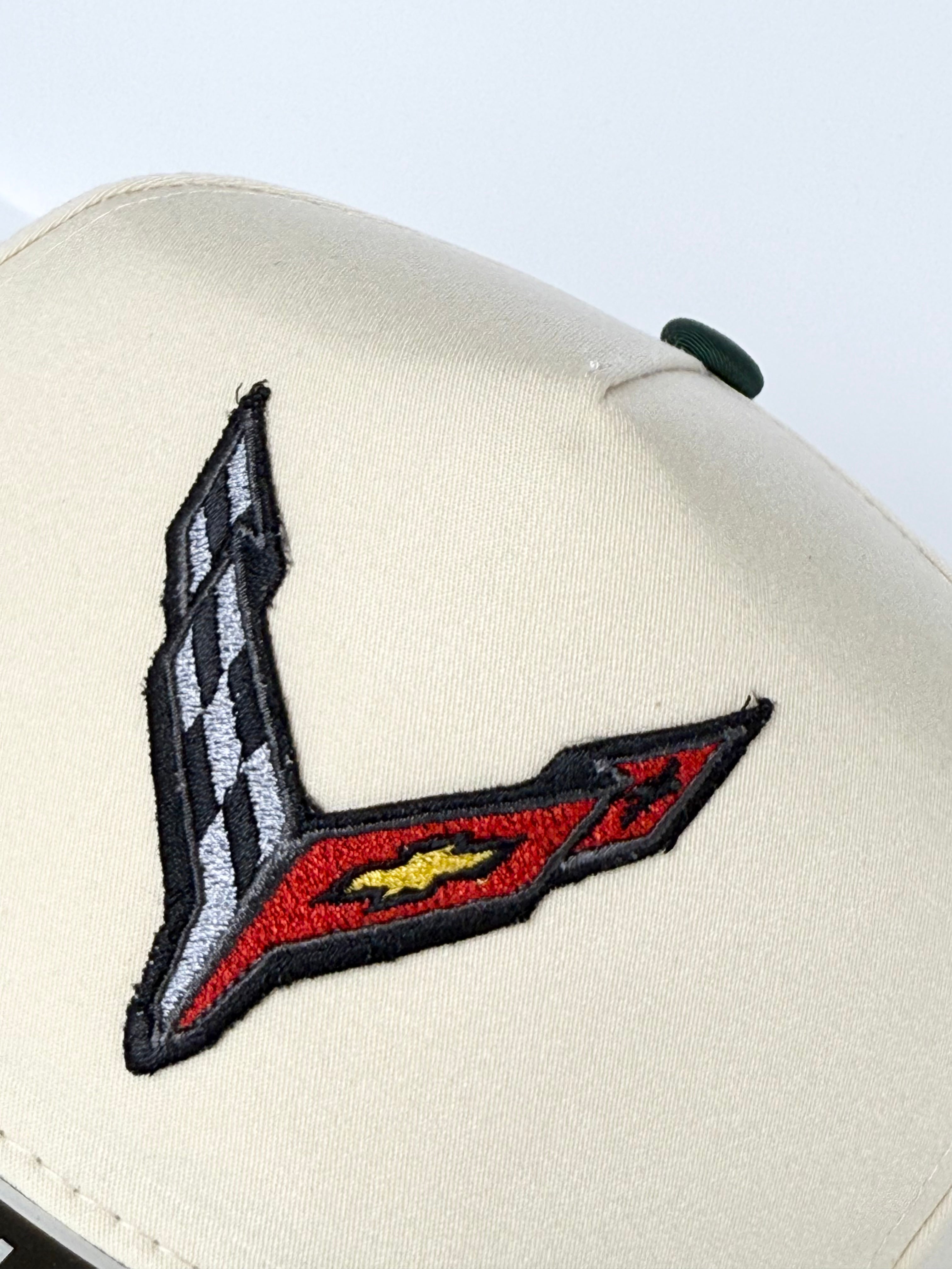 C8 Corvette Trucker Twill Snapback Cap Beige/ Dark Hunter Green