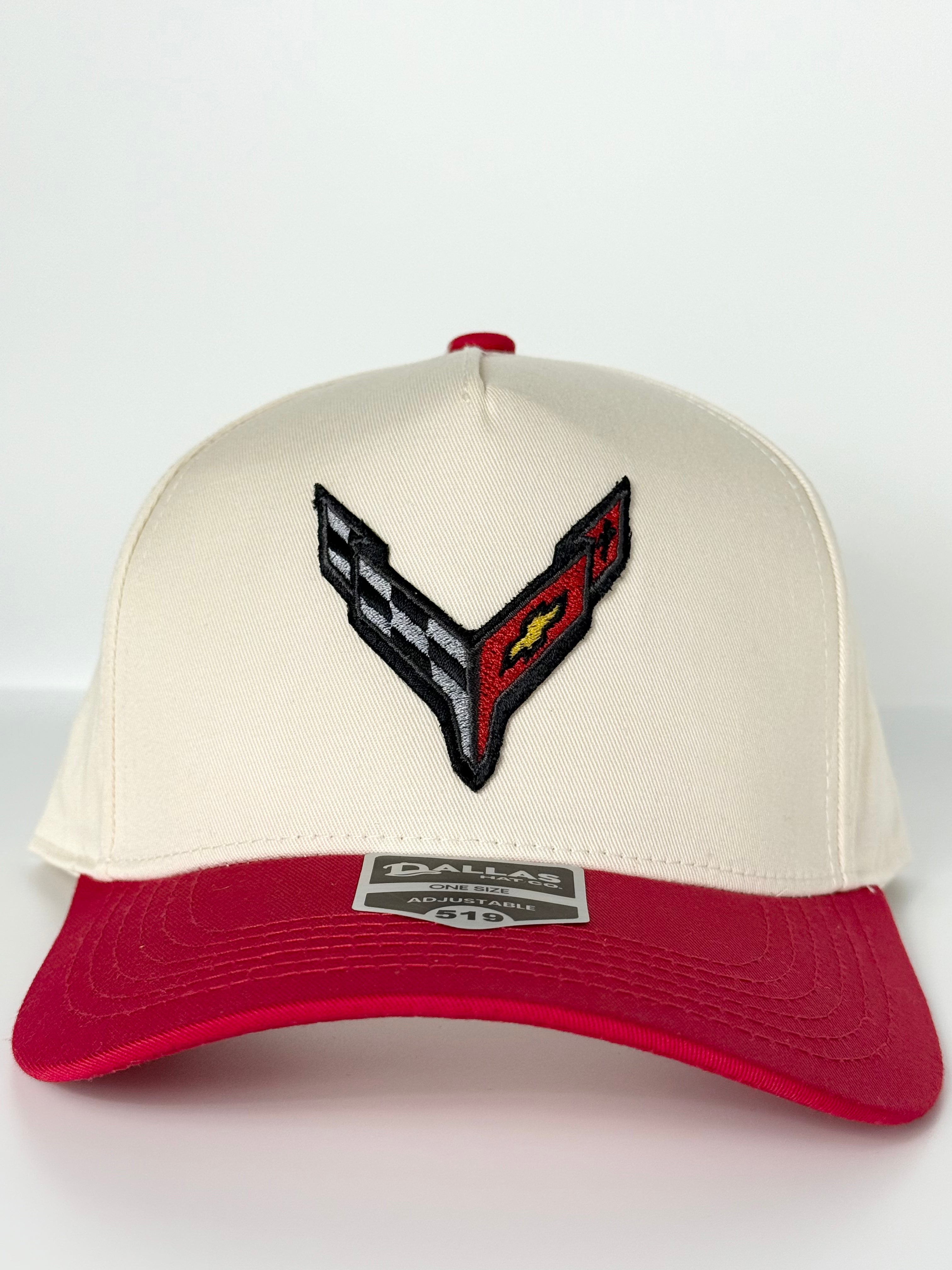 C8 Corvette Trucker Twill Snapback Cap Beige/ Red