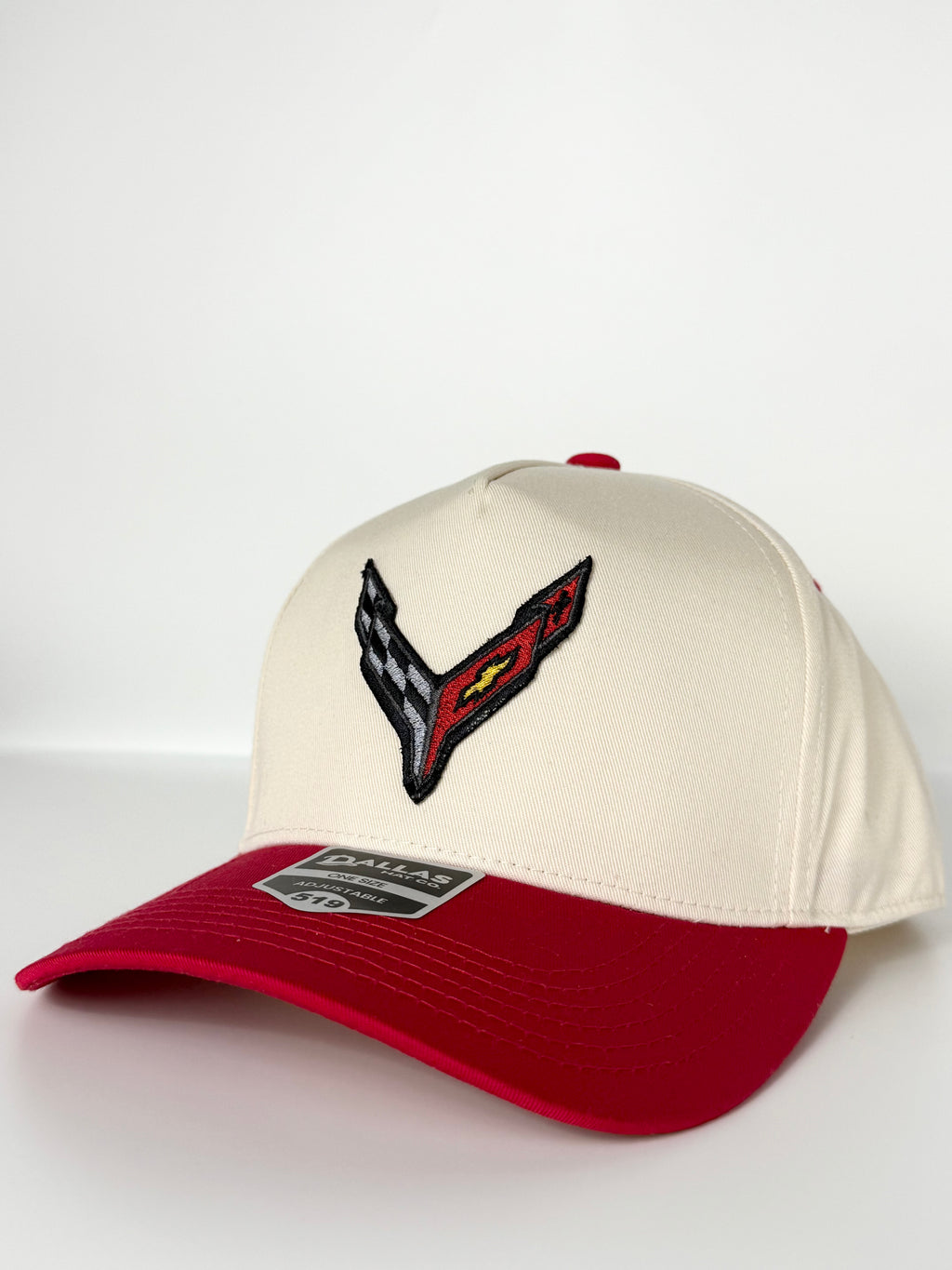 C8 Corvette Trucker Twill Snapback Cap Beige/ Red