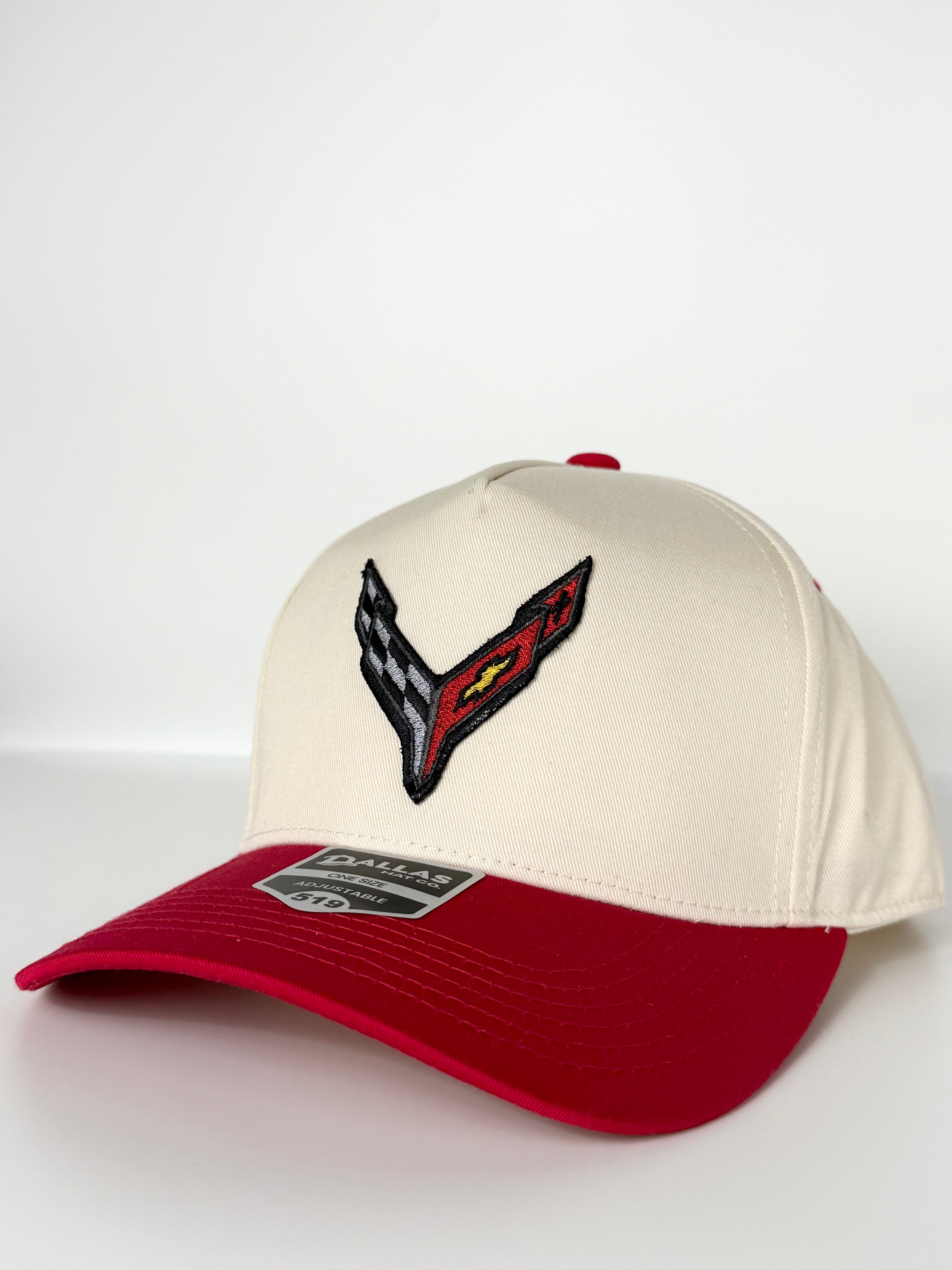 C8 Corvette Trucker Twill Snapback Cap Beige/ Red