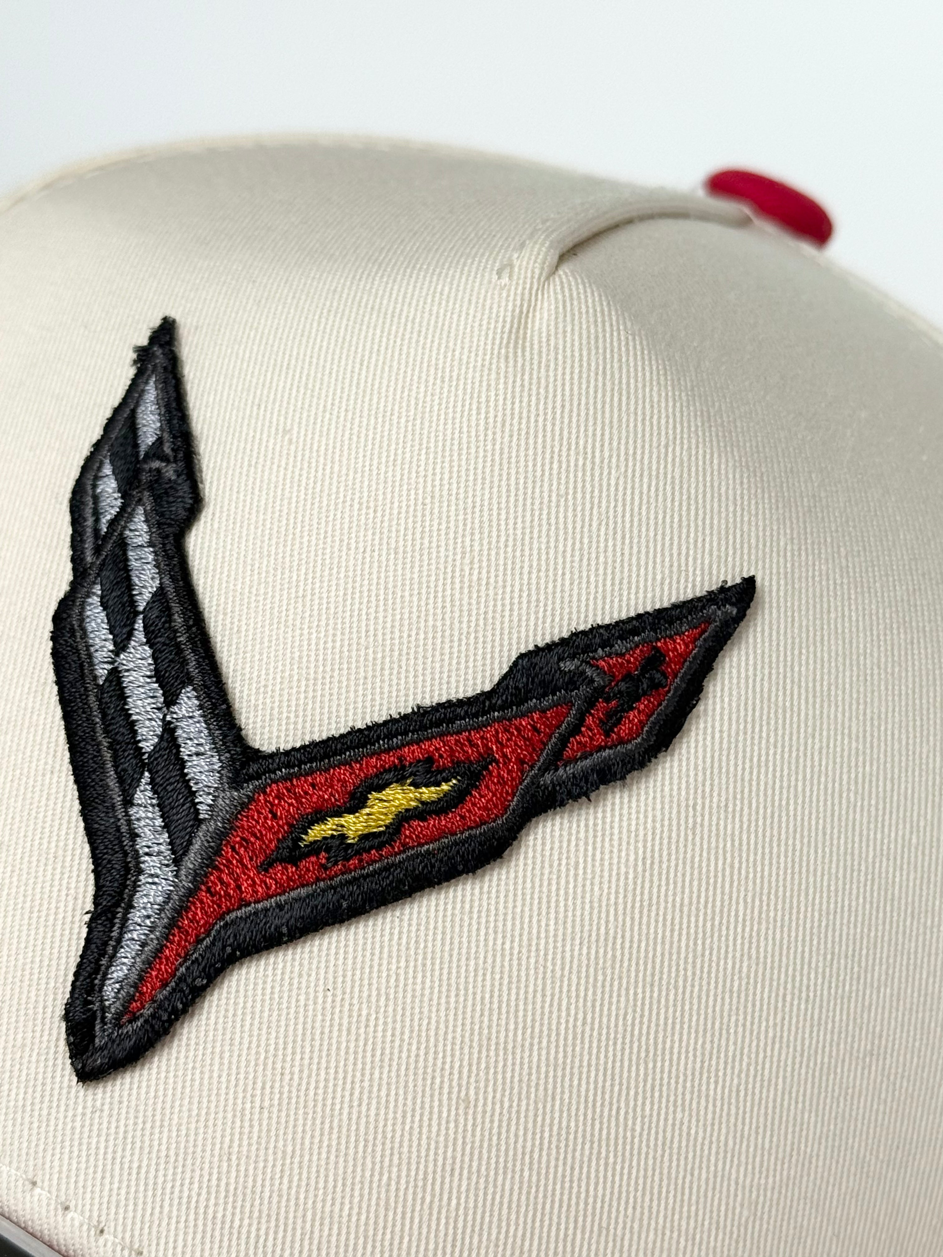 C8 Corvette Trucker Twill Snapback Cap Beige/ Red
