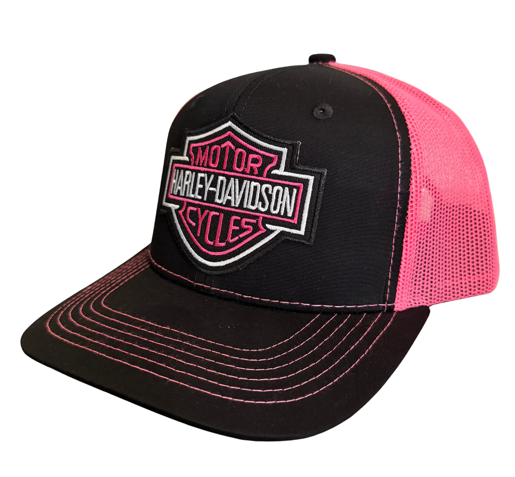 Harley Davidson Pink Embroidered Logo Snapback Hat Pink and Black Adjustable Mesh Cap