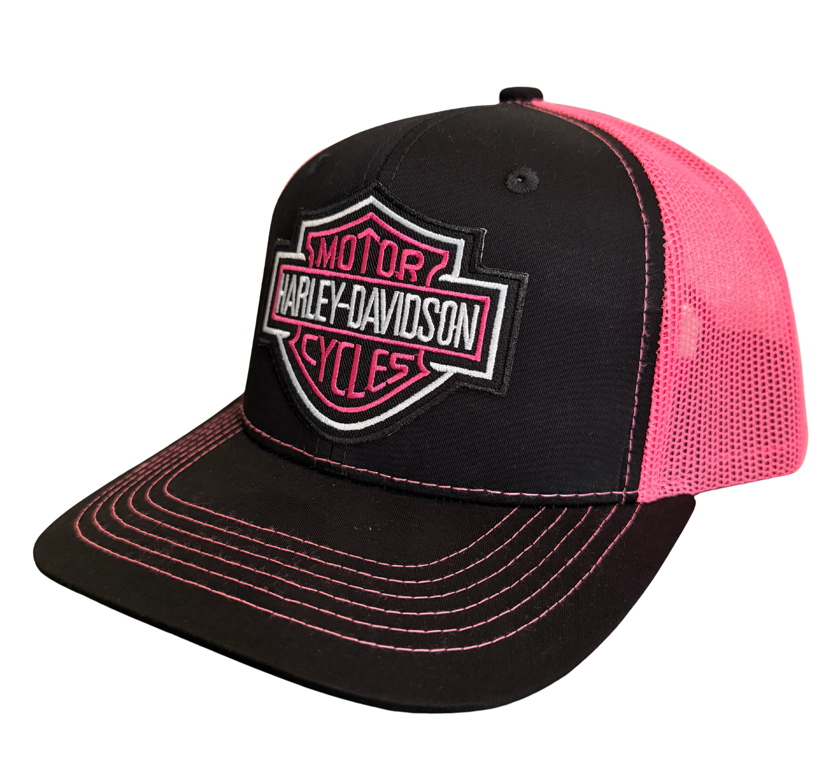 Harley Davidson Pink Embroidered Logo Snapback Hat Pink and Black Adjustable Mesh Cap