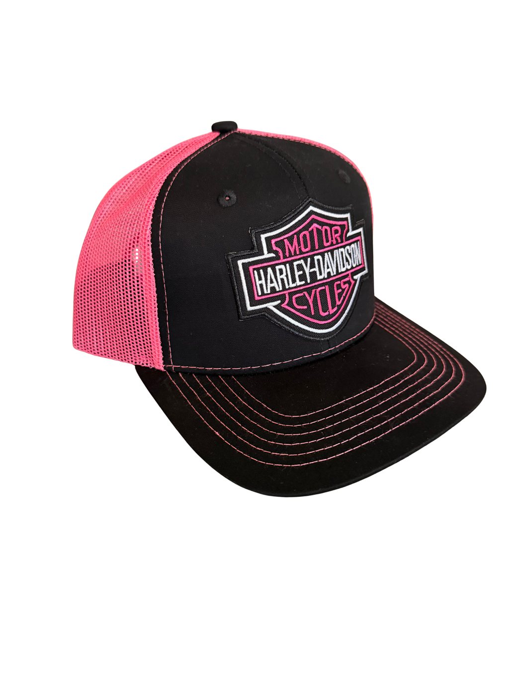 Harley Davidson Pink Embroidered Logo Snapback Hat Pink and Black Adjustable Mesh Cap
