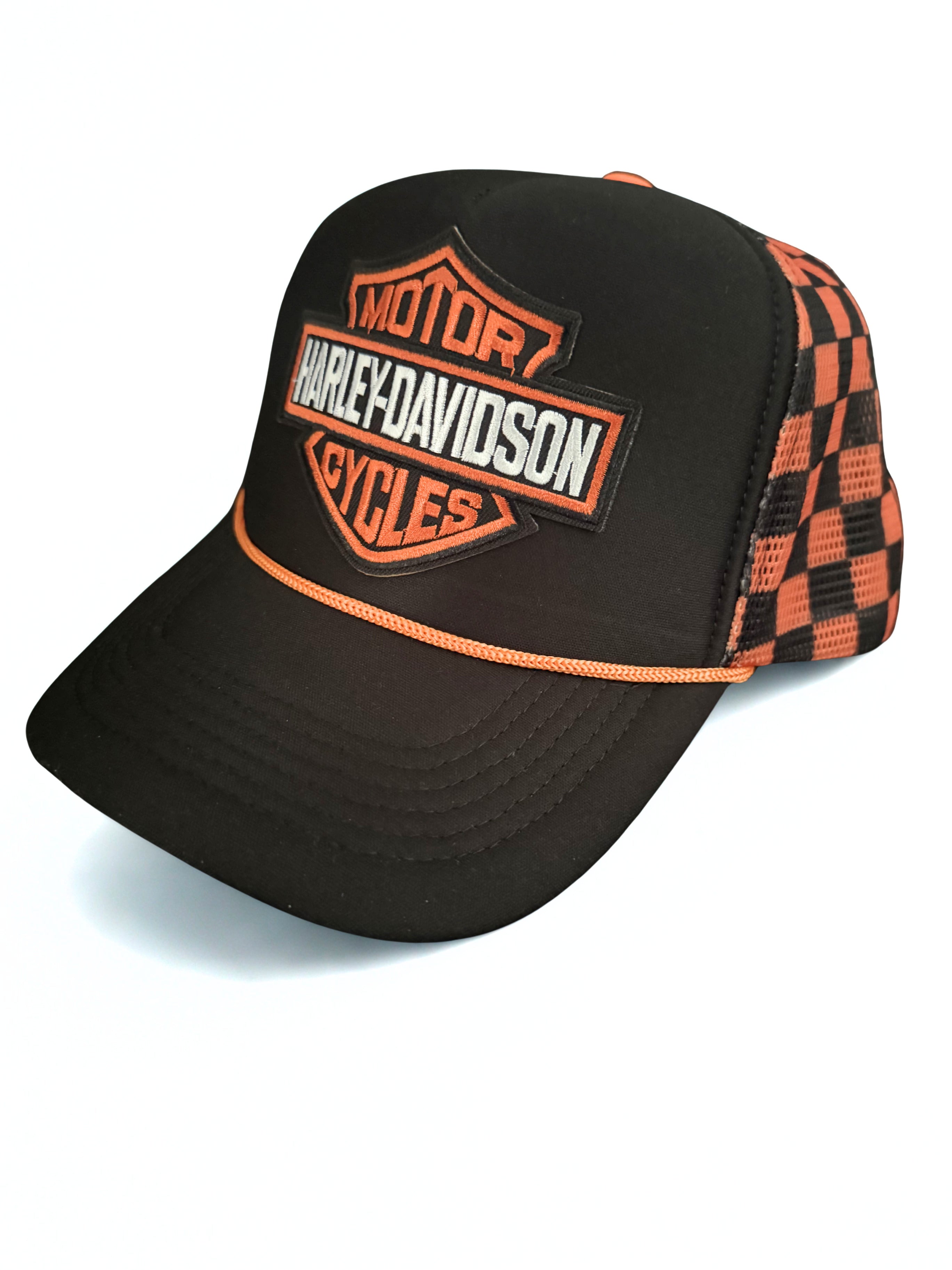 Harley Davidson Embroidered Logo Checkered Orange and Black Snapback