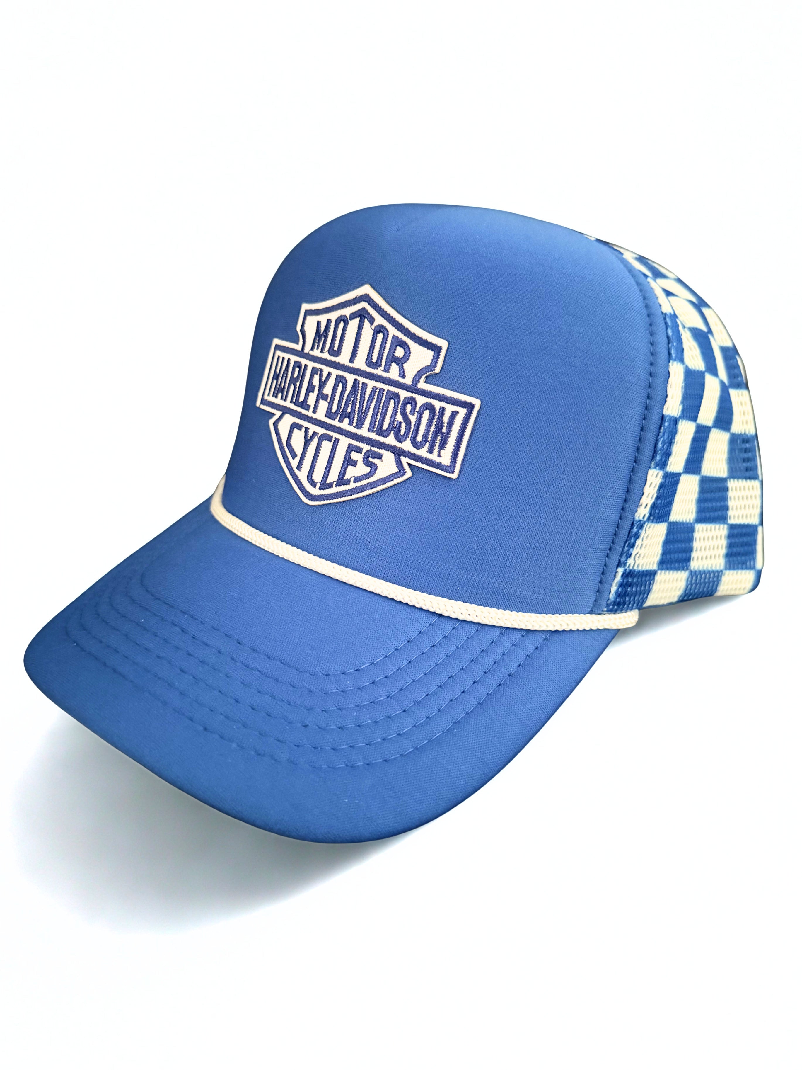 Harley Davidson Embroidered Logo Checkered Blue and White Snapback Hat