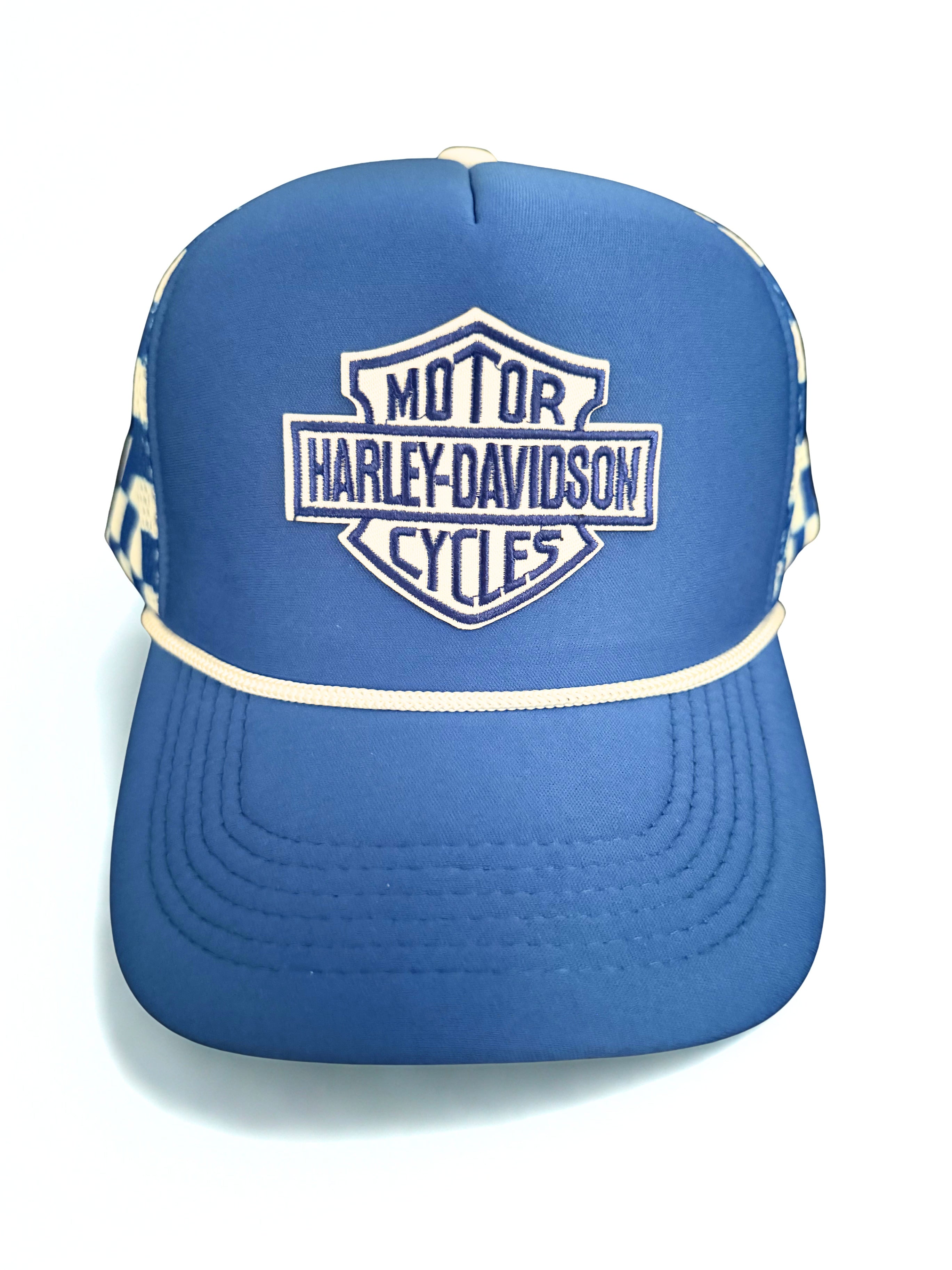 Harley Davidson Embroidered Logo Checkered Blue and White Snapback Hat