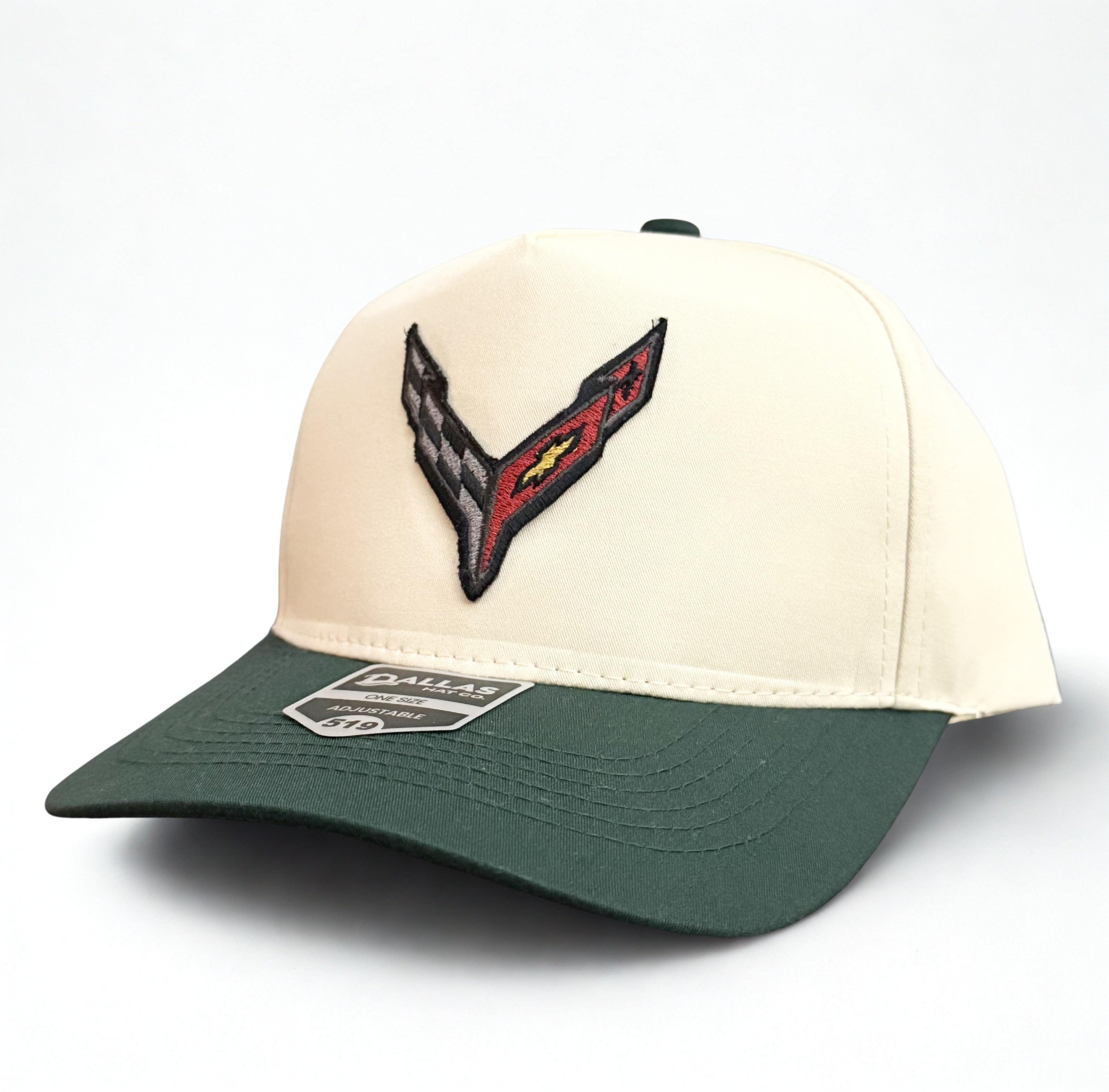 C8 Chevrolet Corvette Embroidered Logo Hat Trucker Twill Adjustable Snapback Cap Cream/Green