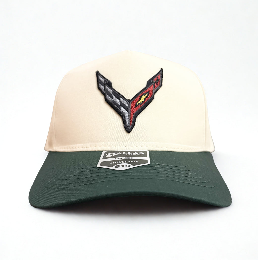 C8 Chevrolet Corvette Embroidered Logo Hat Trucker Twill Adjustable Snapback Cap Cream/Green
