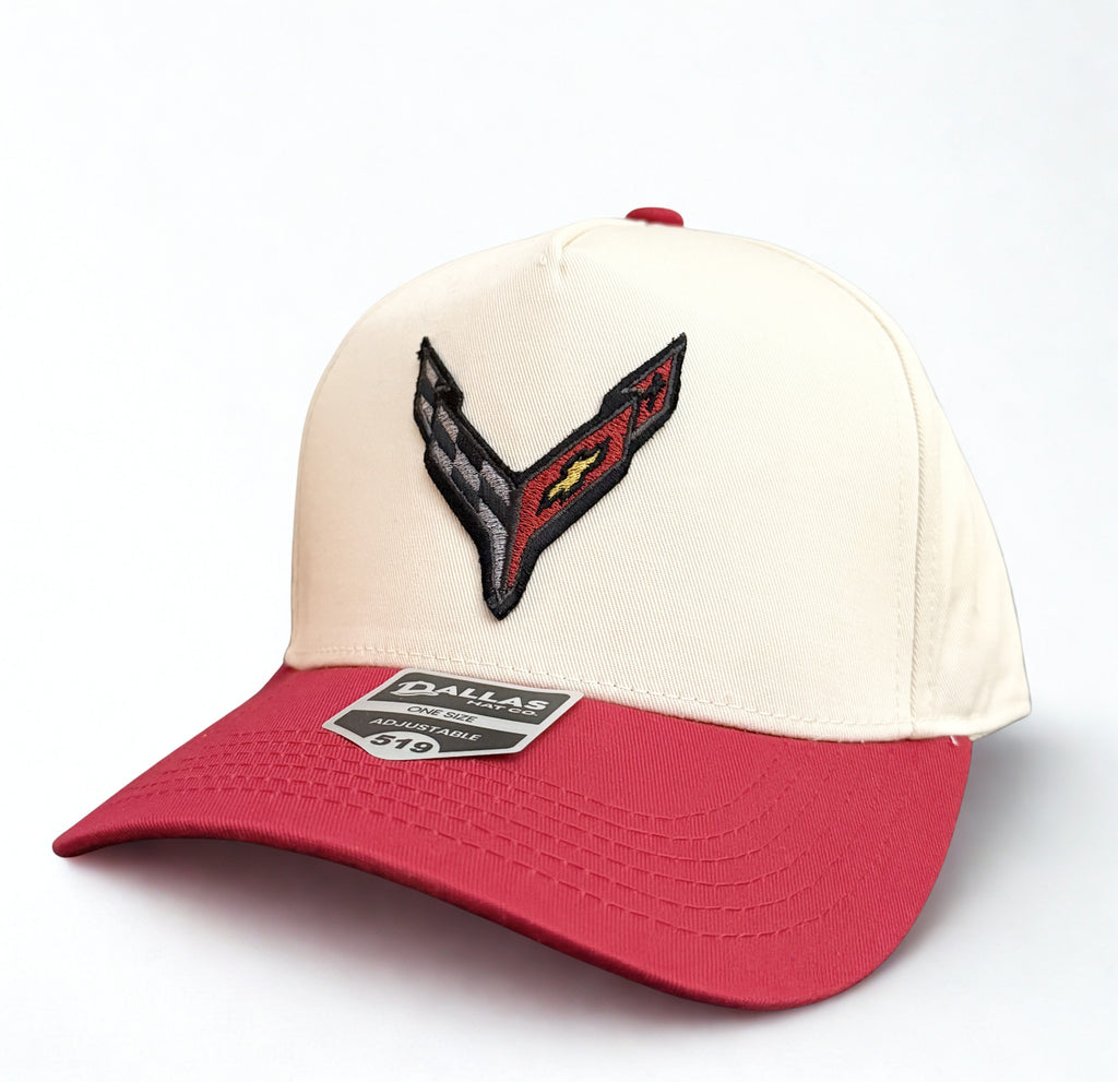 C8 Chevrolet Corvette Embroidered Logo Hat Trucker Twill Adjustable Snapback Cap Beige/ Red