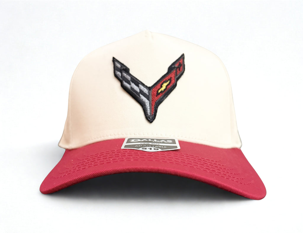 C8 Chevrolet Corvette Embroidered Logo Hat Trucker Twill Adjustable Snapback Cap Beige/ Red