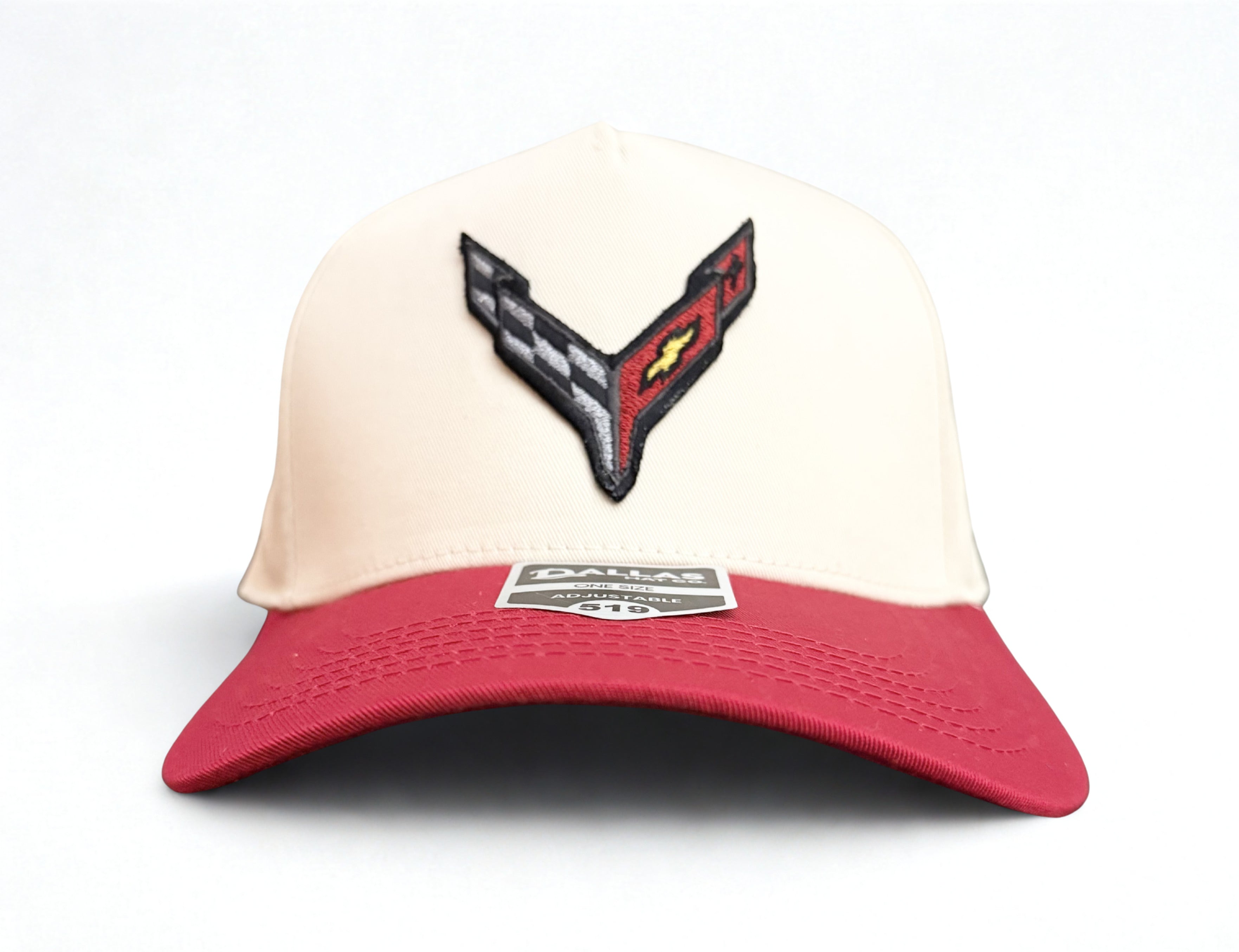 C8 Chevrolet Corvette Embroidered Logo Hat Trucker Twill Adjustable Snapback Cap Beige/ Red