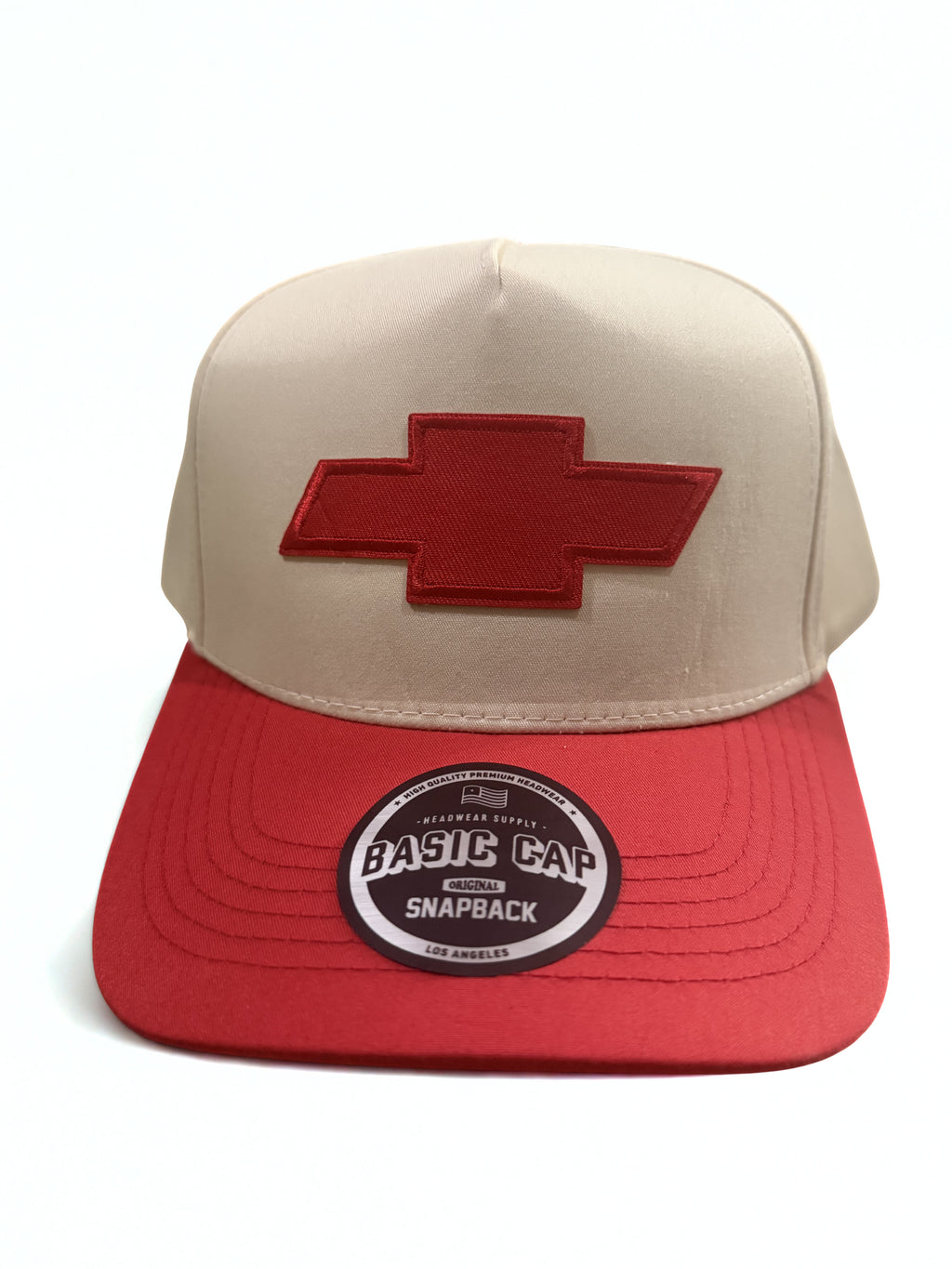 Chevrolet Big Embroidered Logo Premium Twill Snapback Hat Red and Beige Adjustable Cap