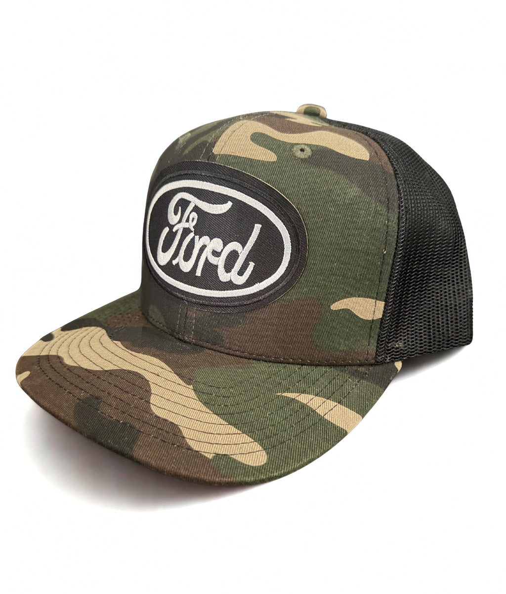 Ford Motor Company Snapback Hat Black Embroidered Logo Army Camo Adjustable Mesh Cap
