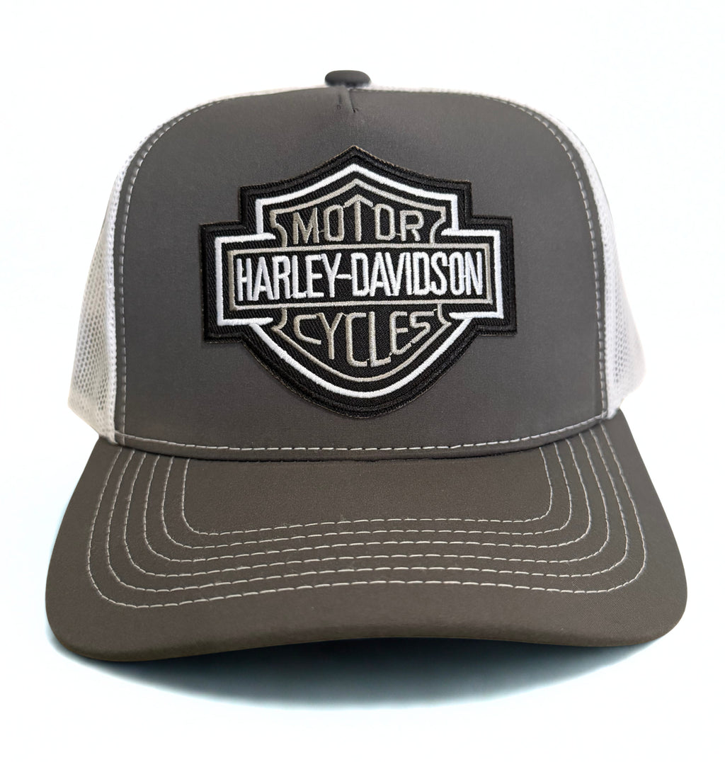 Harley Davidson Grey Embroidered Logo Snapback Hat Grey and White Adjustable Mesh Cap