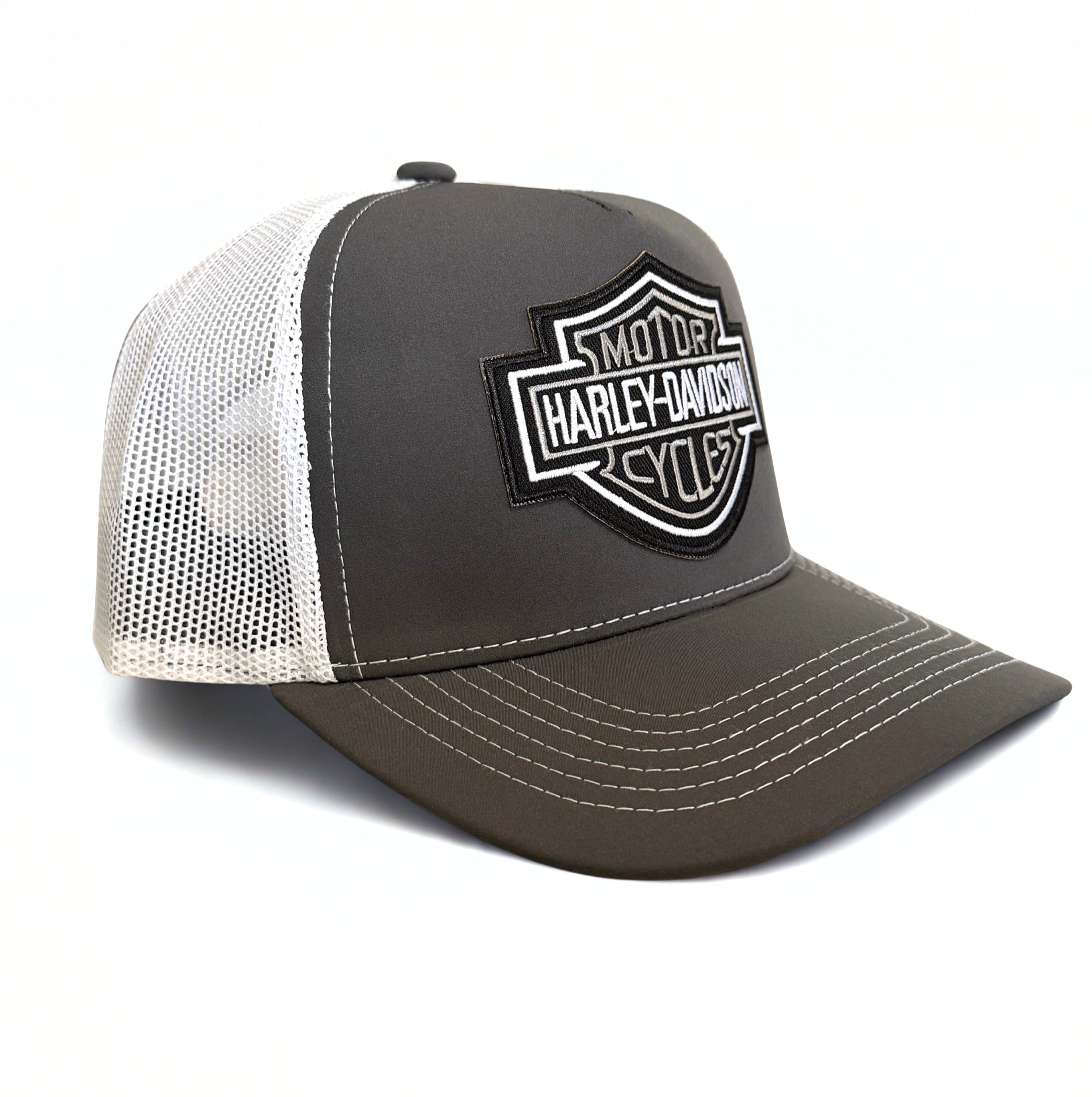 Harley Davidson Grey Embroidered Logo Snapback Hat Grey and White Adjustable Mesh Cap