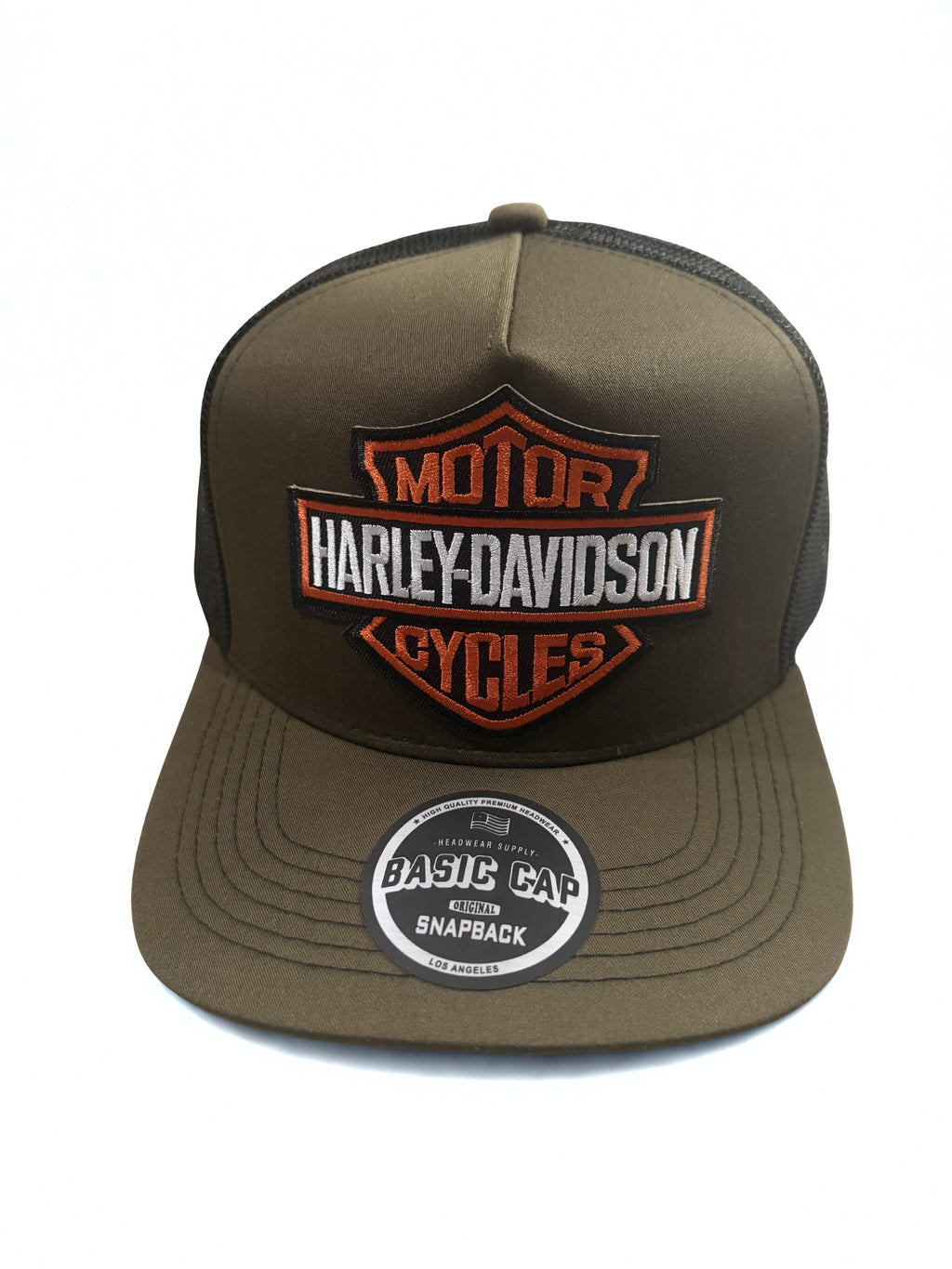 Harley Davidson American Flag Embroidered Logo Trucker Hat Olive Black Mesh Snapback Adjustable Cap