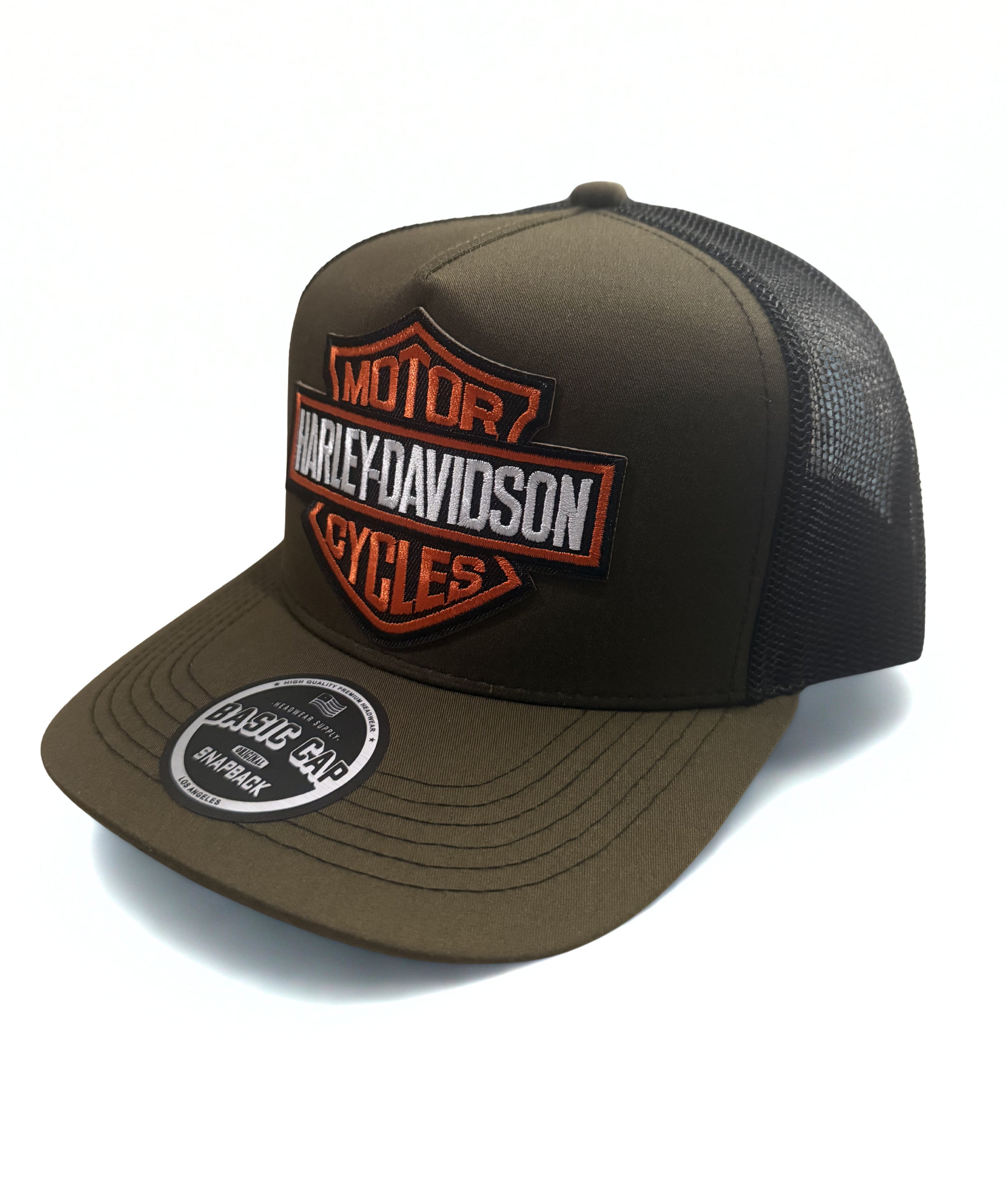 Harley Davidson American Flag Embroidered Logo Trucker Hat Olive Black Mesh Snapback Adjustable Cap