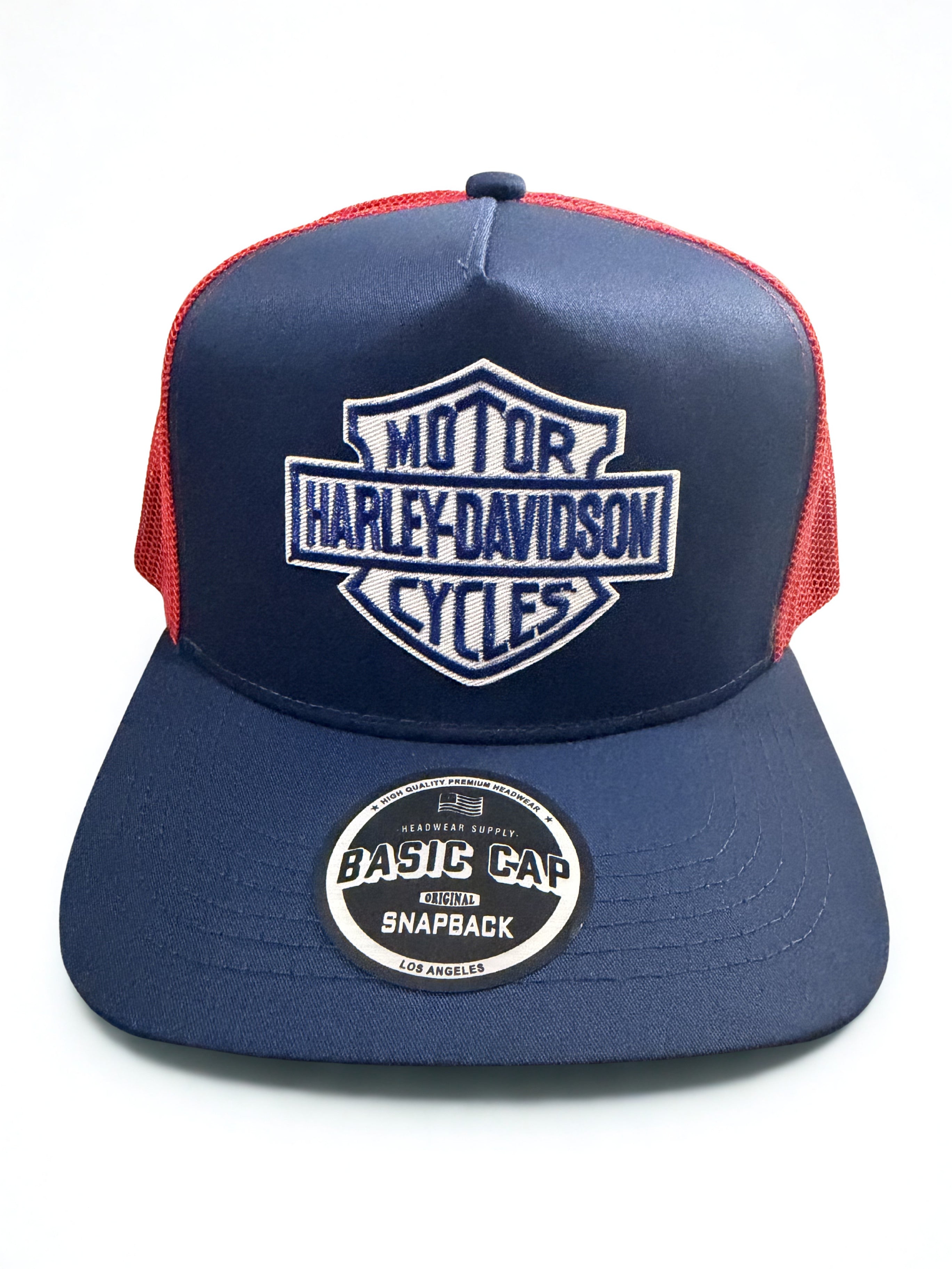 Harley Davidson Embroidered Blue Logo Mesh Snapback Hat American Flag Red White Blue Adjustable Cap