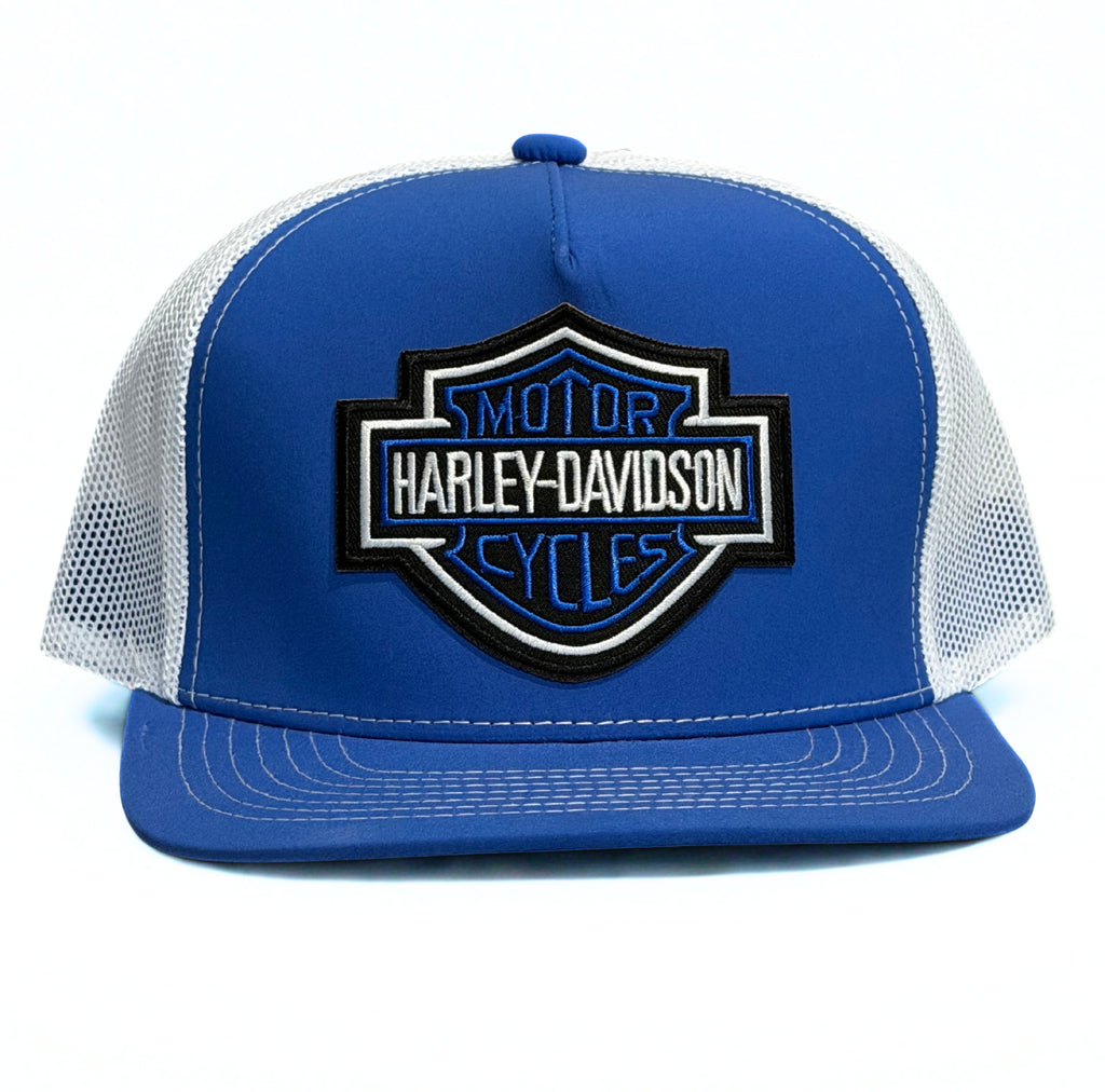 Harley Davidson Blue Embroidered Logo Snapback Hat Blue and White Adjustable Mesh Cap