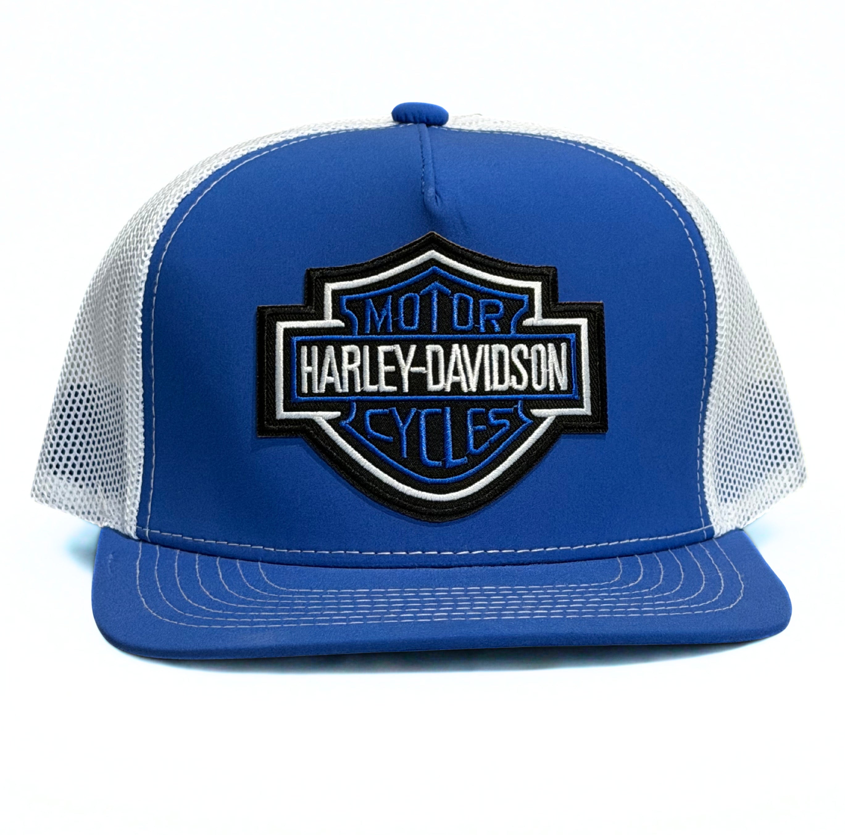 Harley Davidson Blue Embroidered Logo Snapback Hat Blue and White Adjustable Mesh Cap