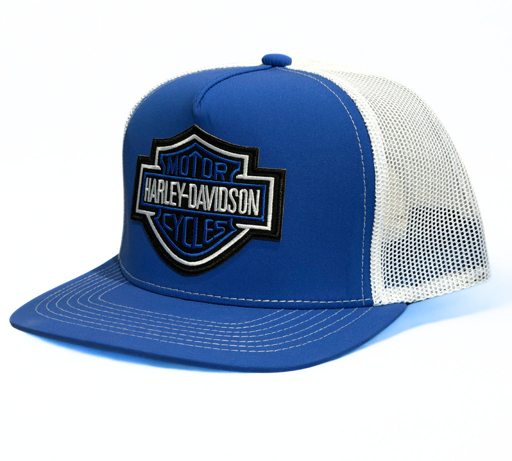 Harley Davidson Blue Embroidered Logo Snapback Hat Blue and White Adjustable Mesh Cap