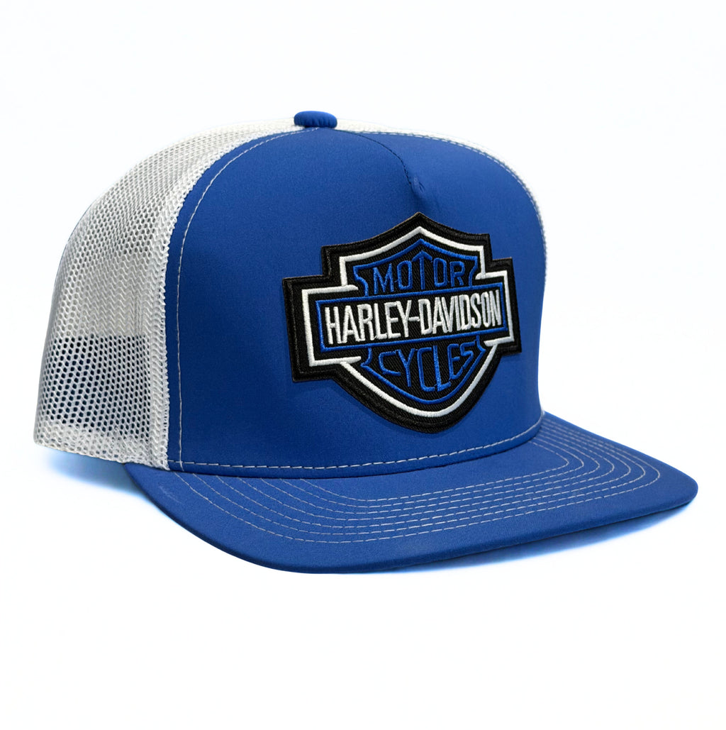 Harley Davidson Blue Embroidered Logo Snapback Hat Blue and White Adjustable Mesh Cap