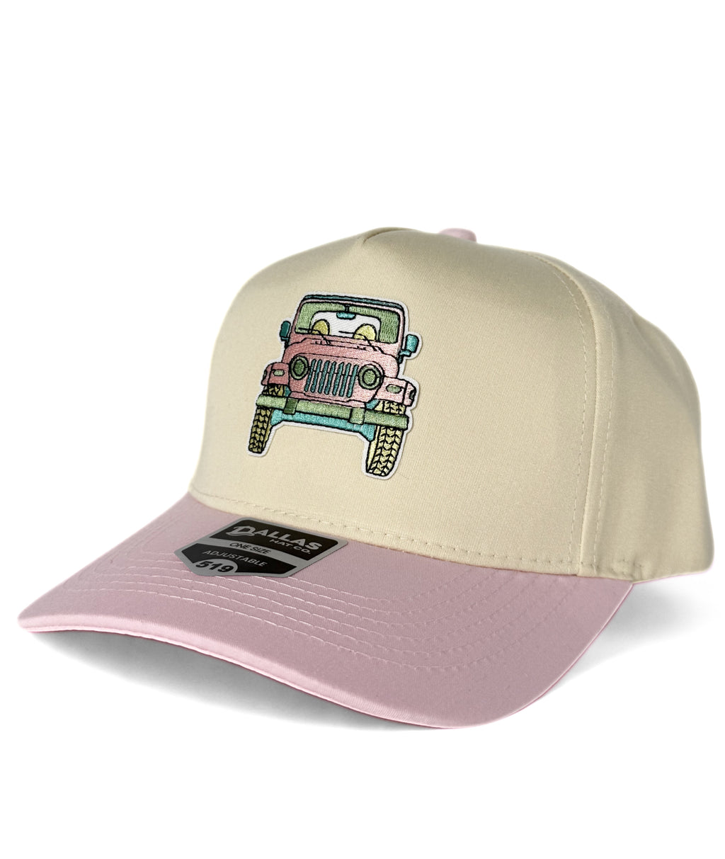 Jeep Truck Embroidered Ride Trucker Twill Adjustable Snapback Cap Beige/Pink
