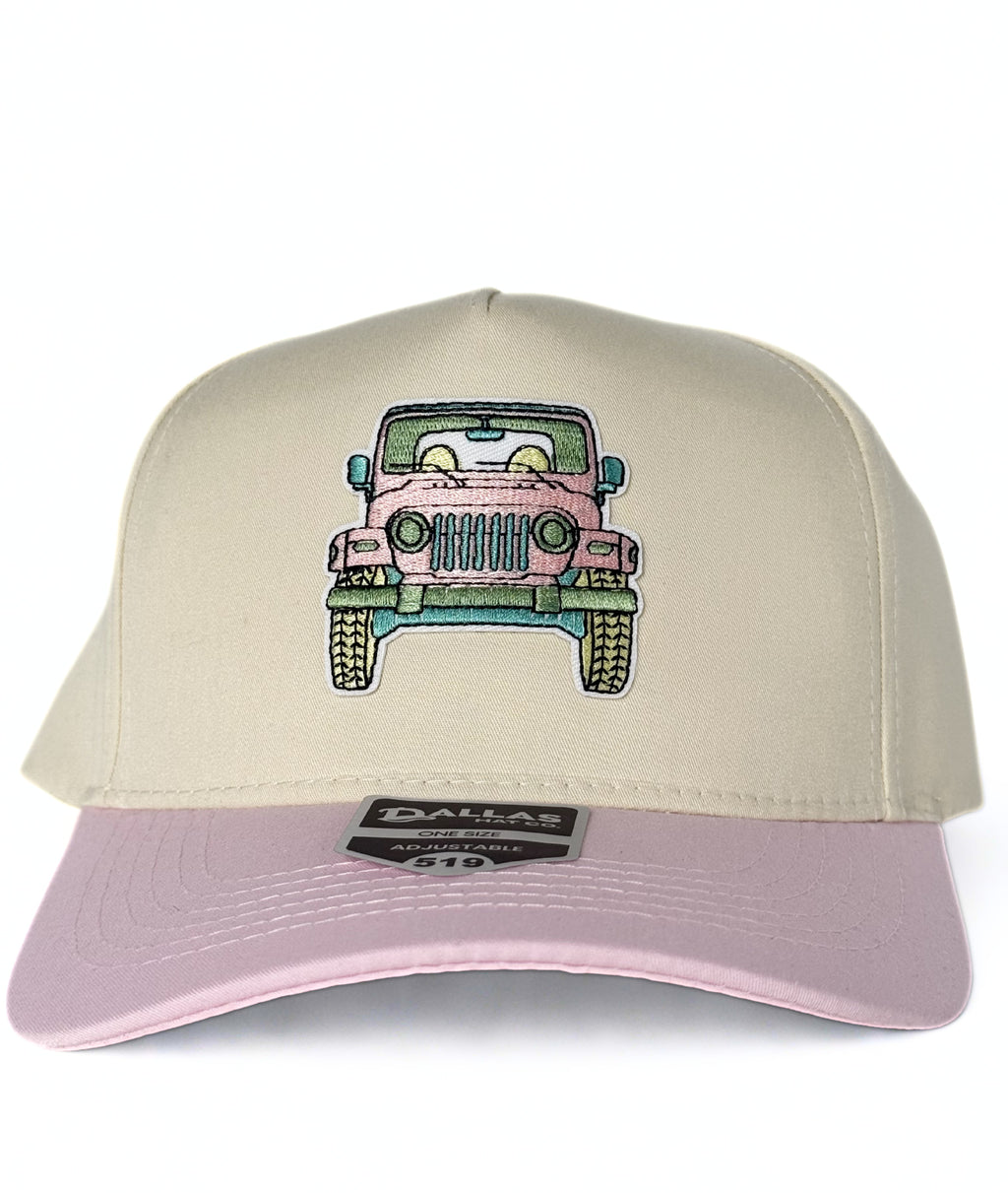 Jeep Truck Embroidered Ride Trucker Twill Adjustable Snapback Cap Beige/Pink