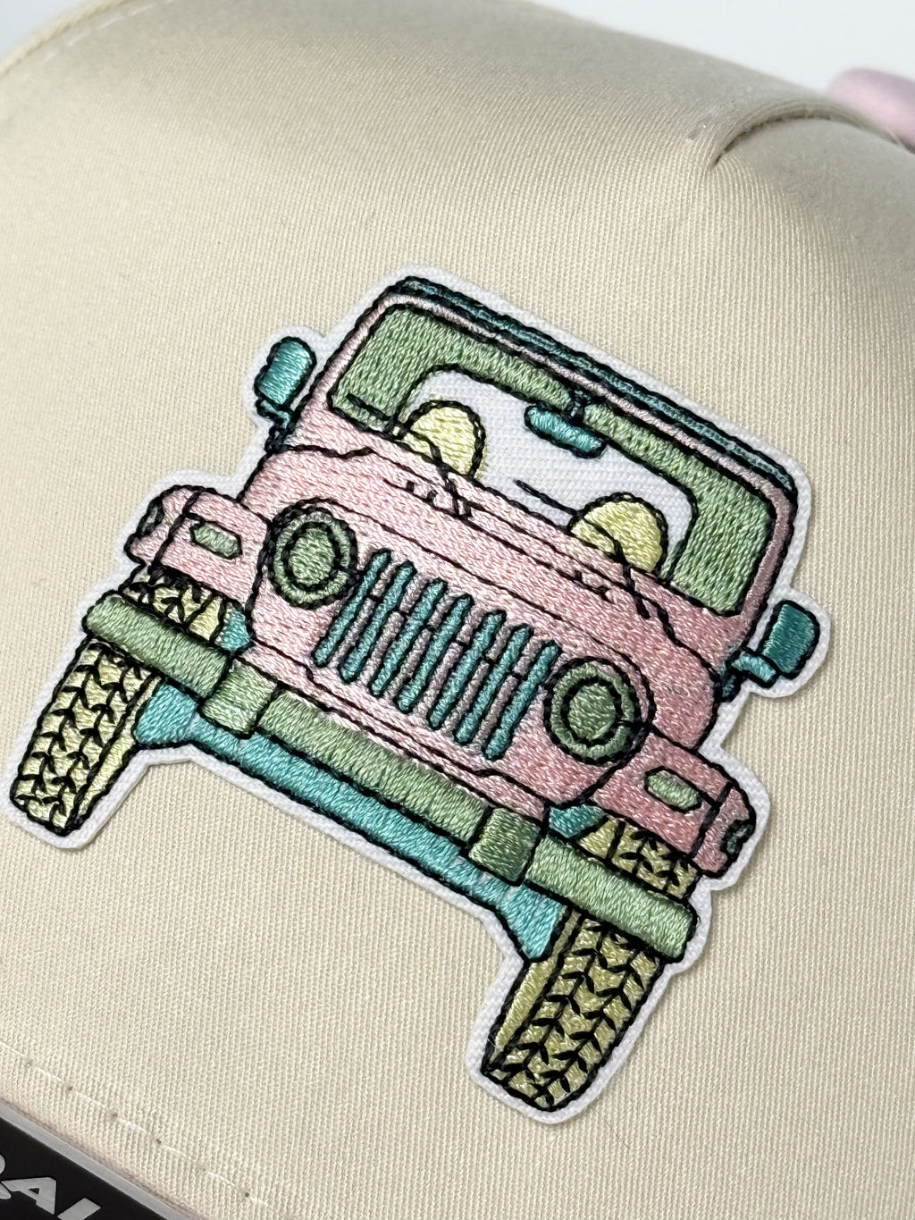 Jeep Truck Embroidered Ride Trucker Twill Adjustable Snapback Cap Beige/Pink