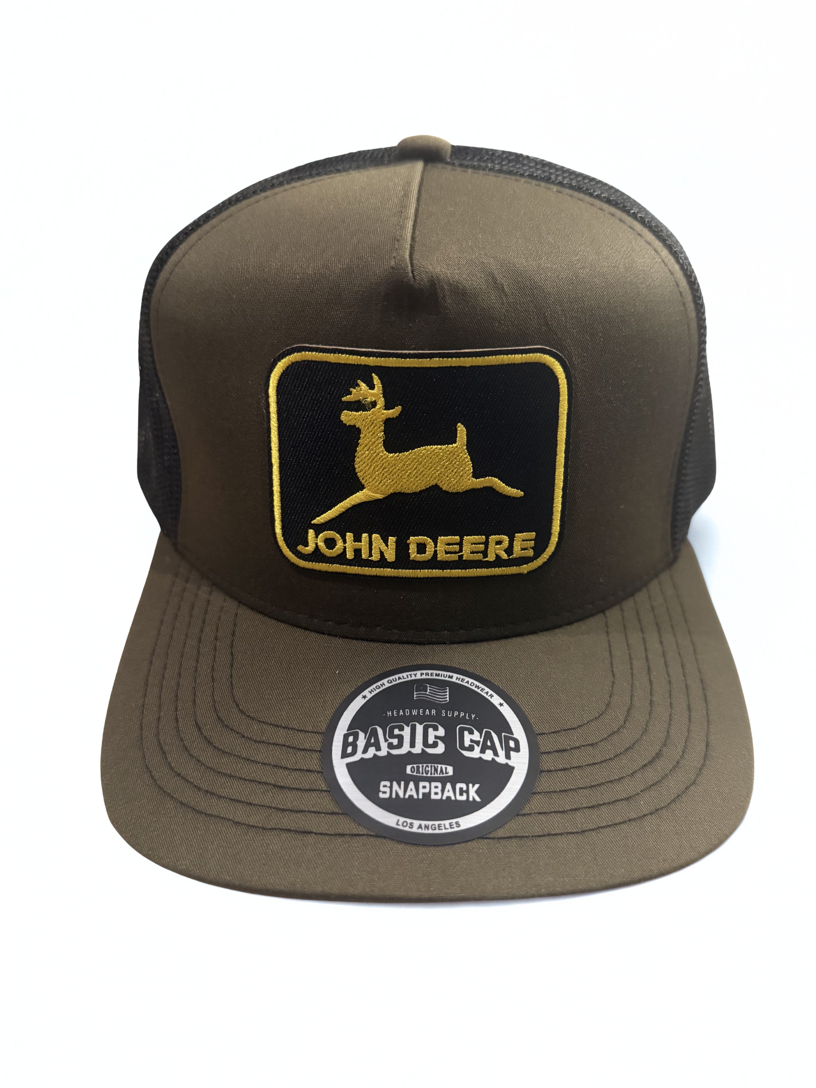 John Deer American Flag Snapback Hat Twill Gold Embroidered Logo Adjustable Trucker Cap Olive/ Black