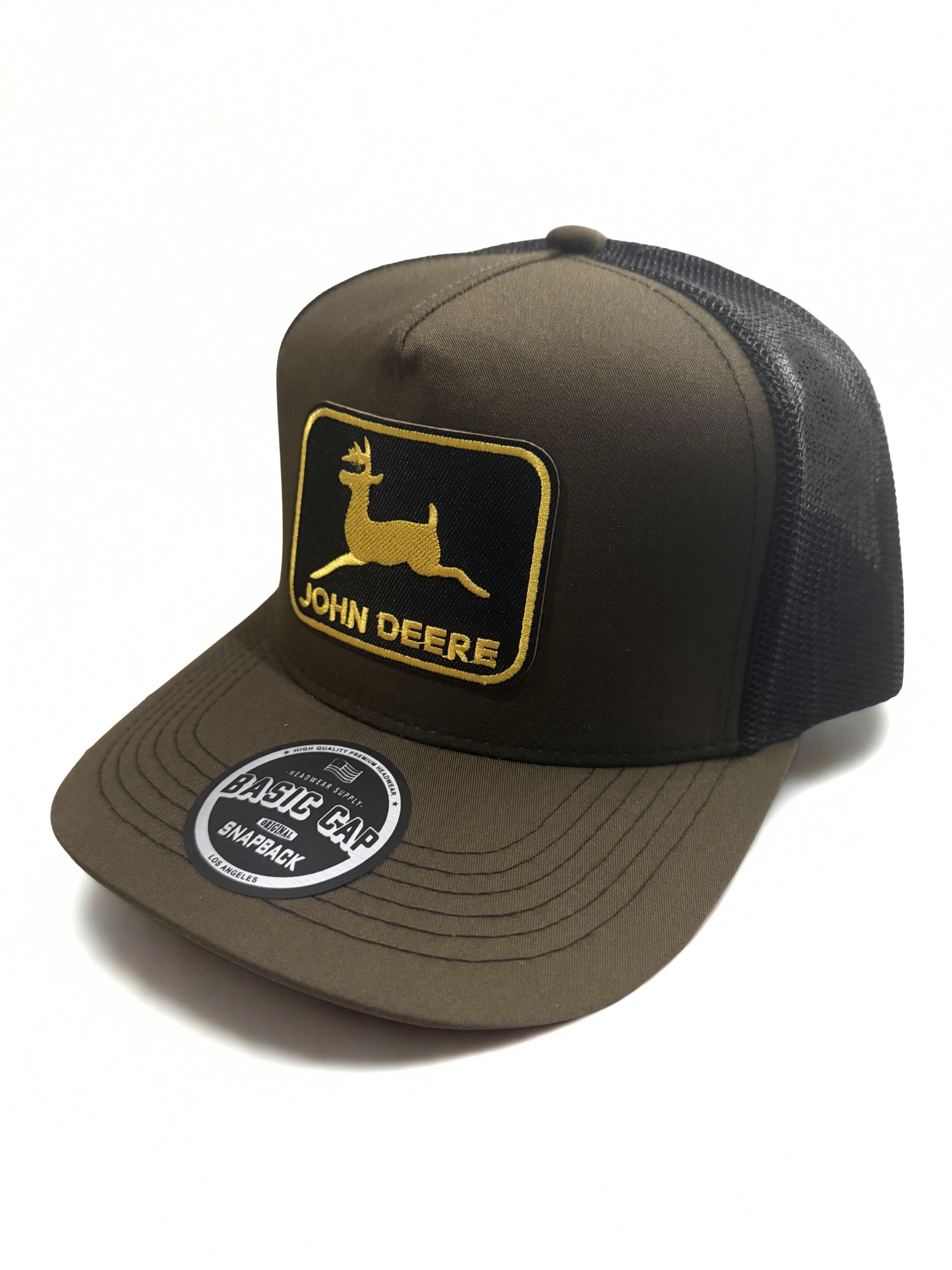 John Deer American Flag Snapback Hat Twill Gold Embroidered Logo Adjustable Trucker Cap Olive/ Black