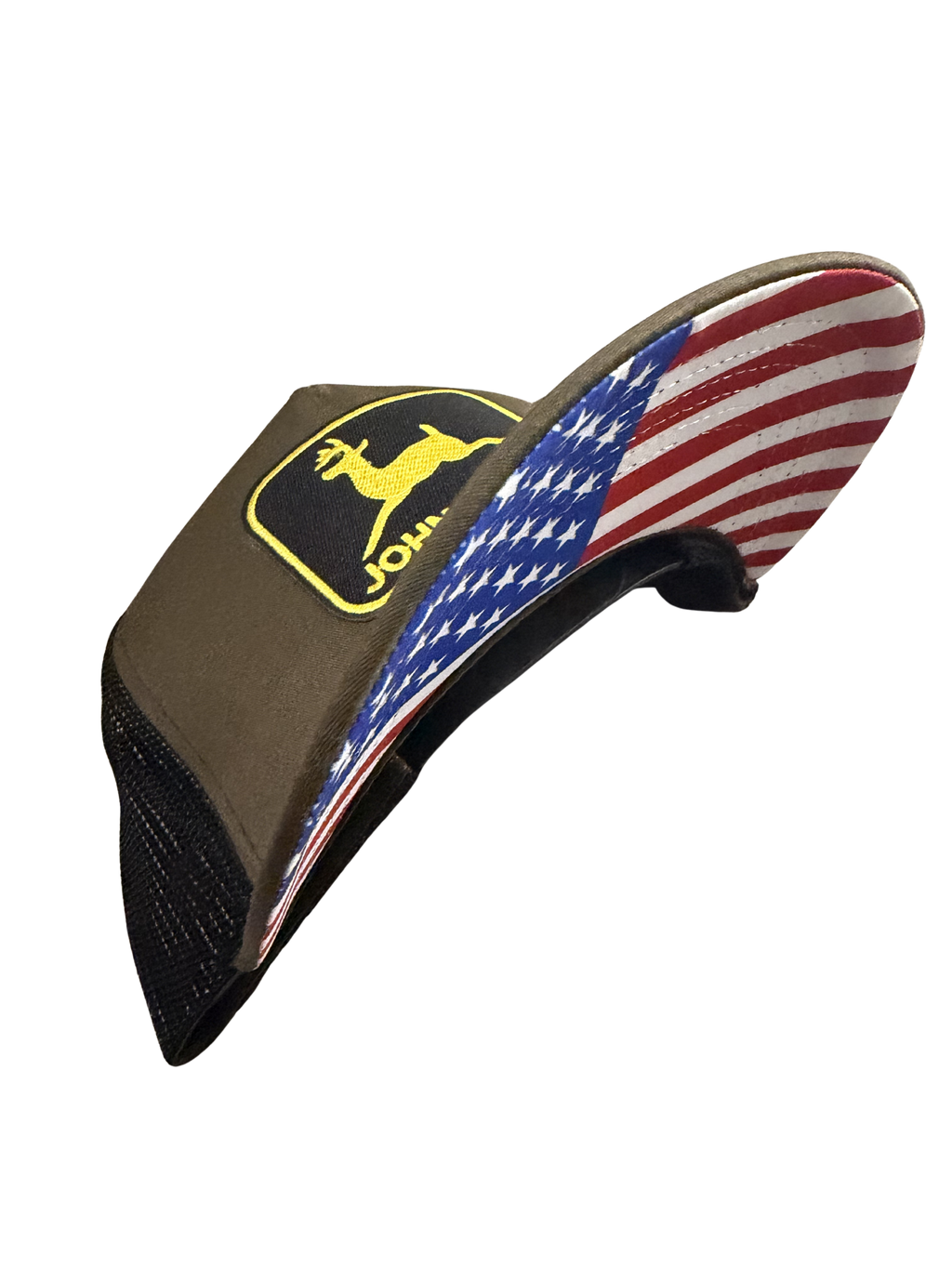 John Deer American Flag Snapback Hat Twill Gold Embroidered Logo Adjustable Trucker Cap Olive/ Black