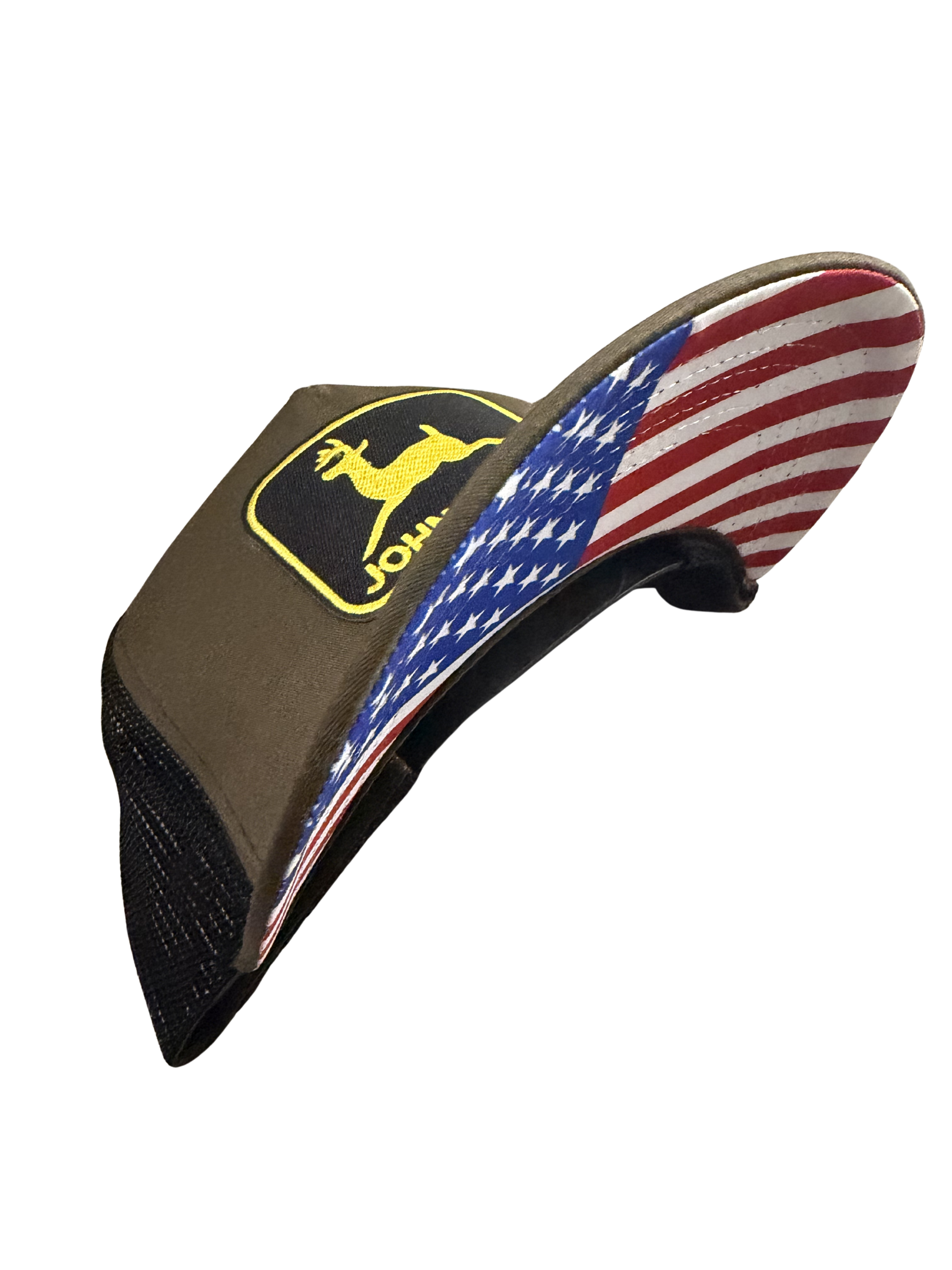 John Deer American Flag Snapback Hat Twill Gold Embroidered Logo Adjustable Trucker Cap Olive/ Black